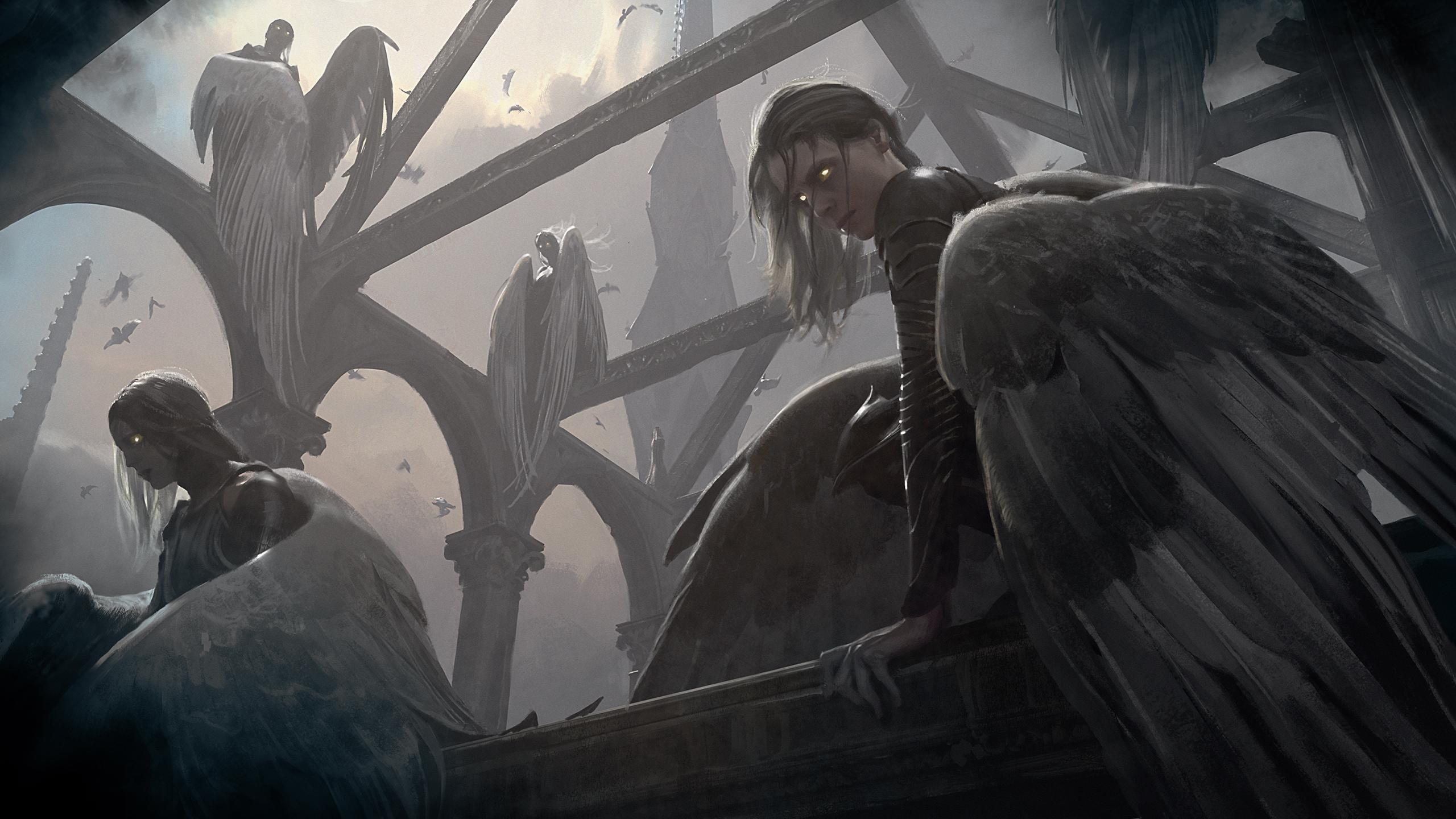 Angels in a gothic structure, artwork by Chase Stone HD Wallpaper