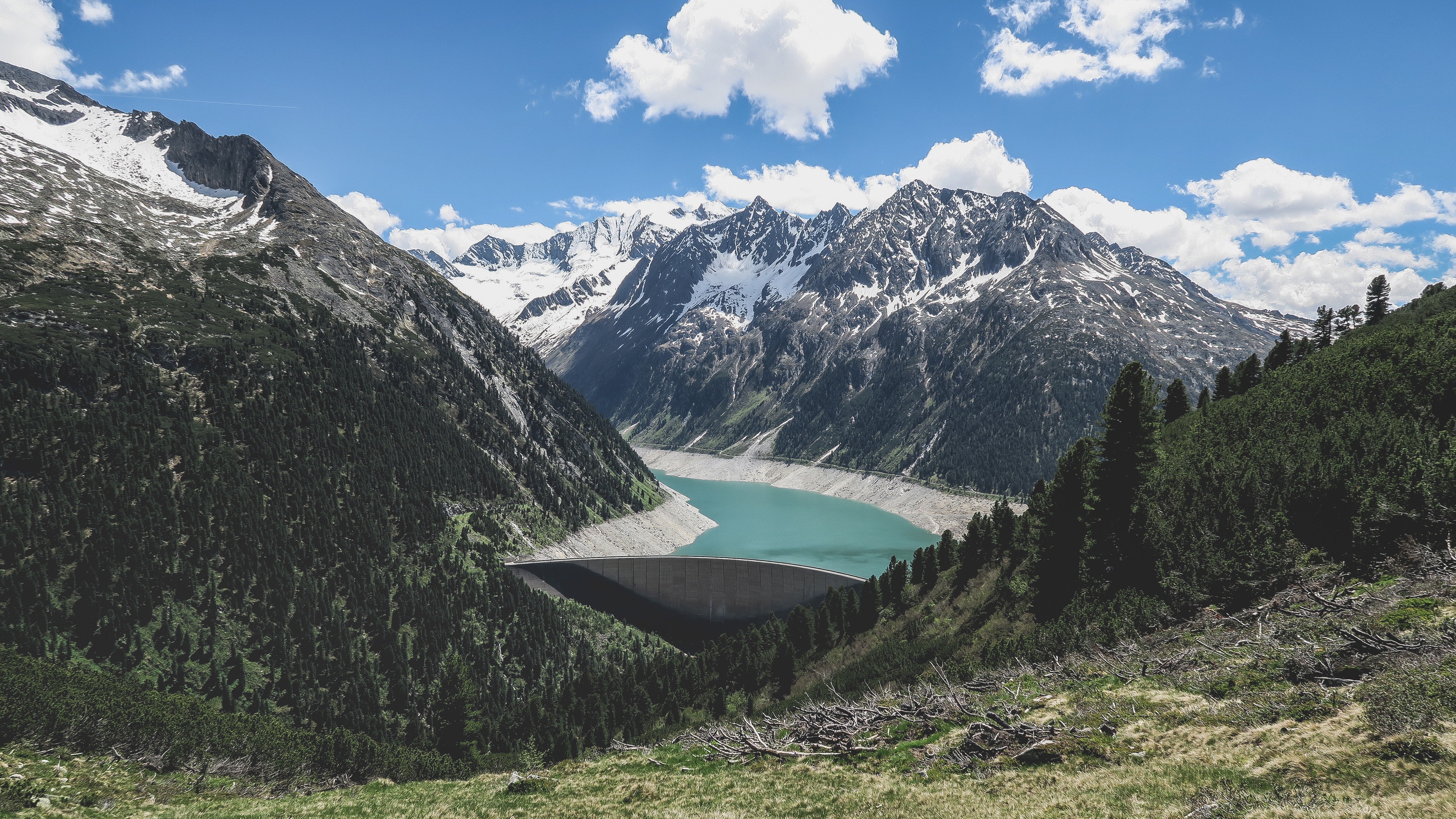 Dam and turquoise lake in Austrian Alps HD Wallpaper