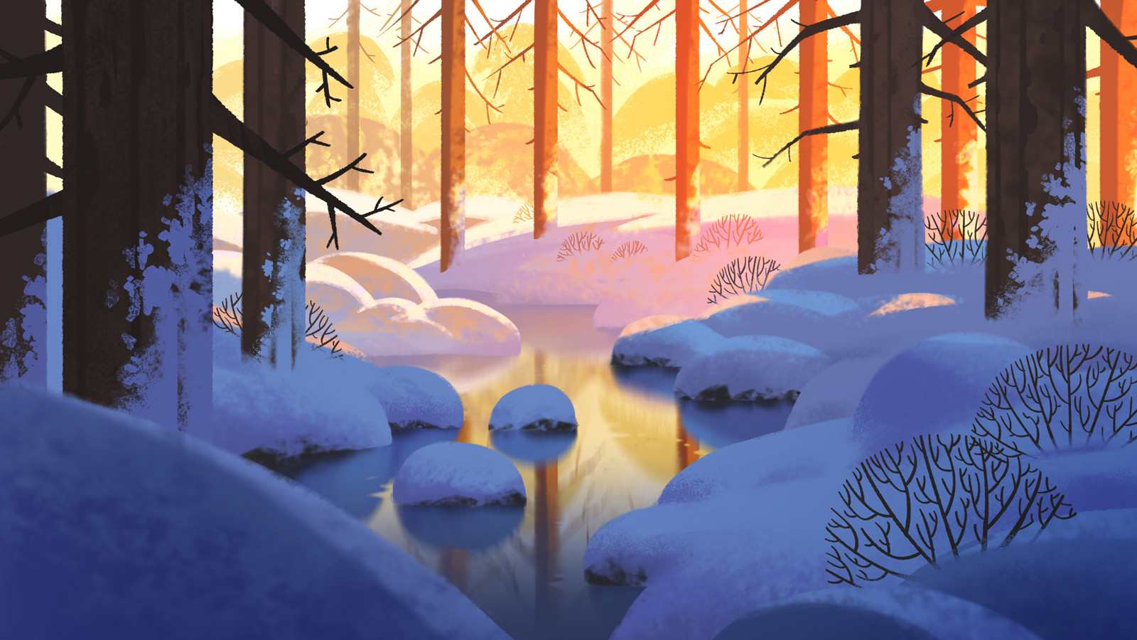 Winter forest landscape with snow and a lake at sunset HD Wallpaper