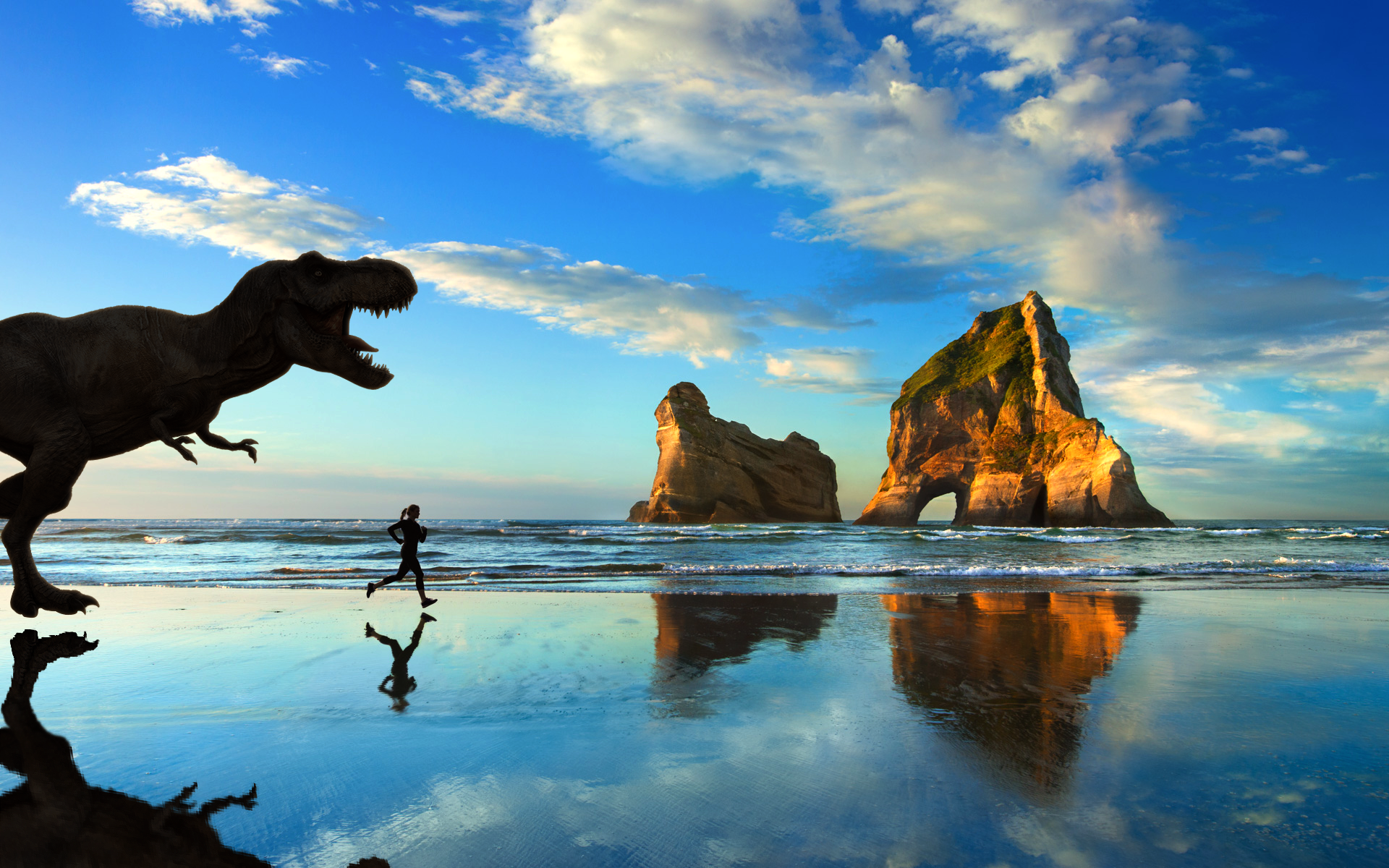 Tyrannosaurus rex chasing a jogger on a beach HD Wallpaper