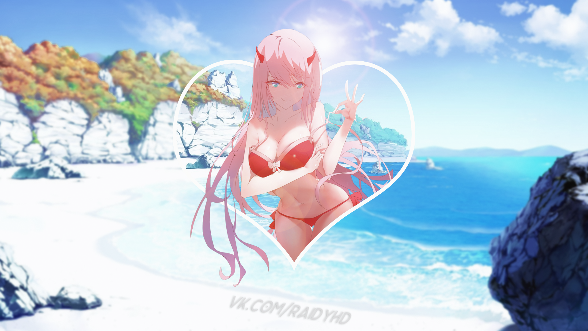Zero Two from Darling in the FranXX on a Beach HD Wallpaper