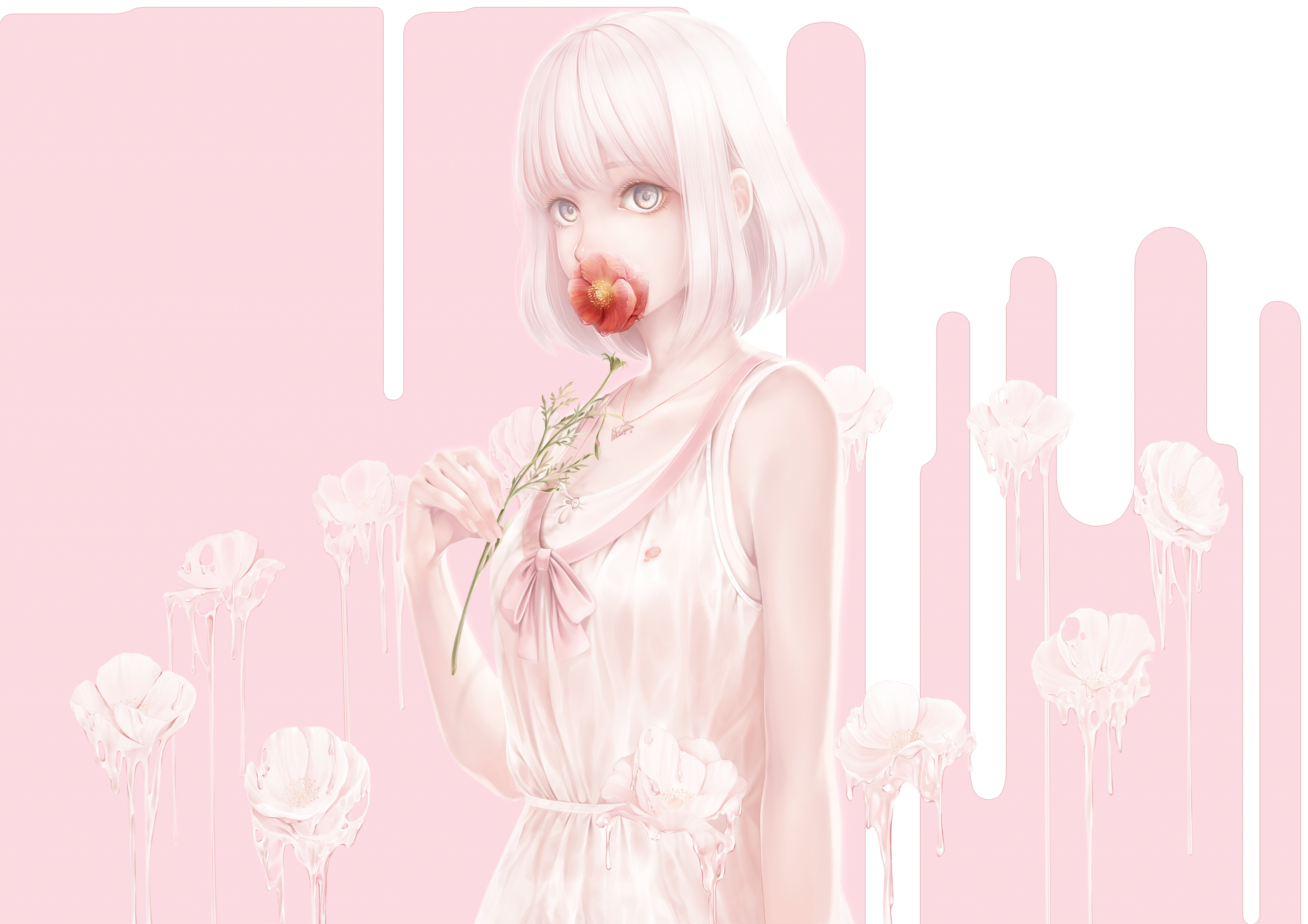 Girl with flower in mouth and dripping flowers HD Wallpaper