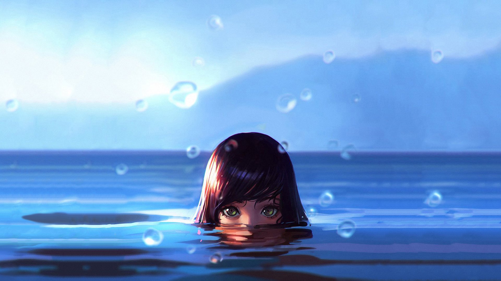 Girl with green eyes in water by Ilya Kuvshinov HD Wallpaper