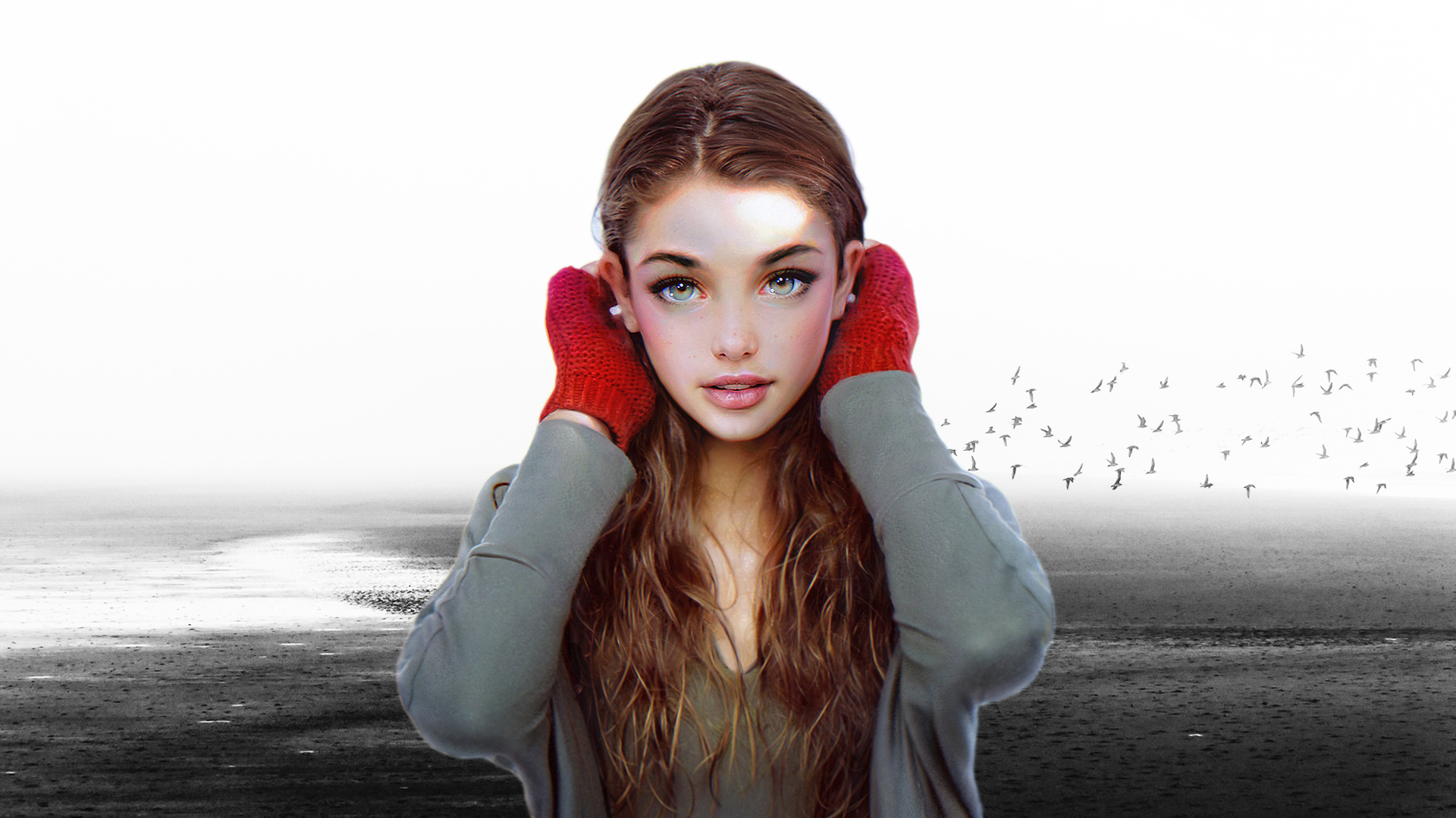 Digital art portrait of a woman with red gloves HD Wallpaper