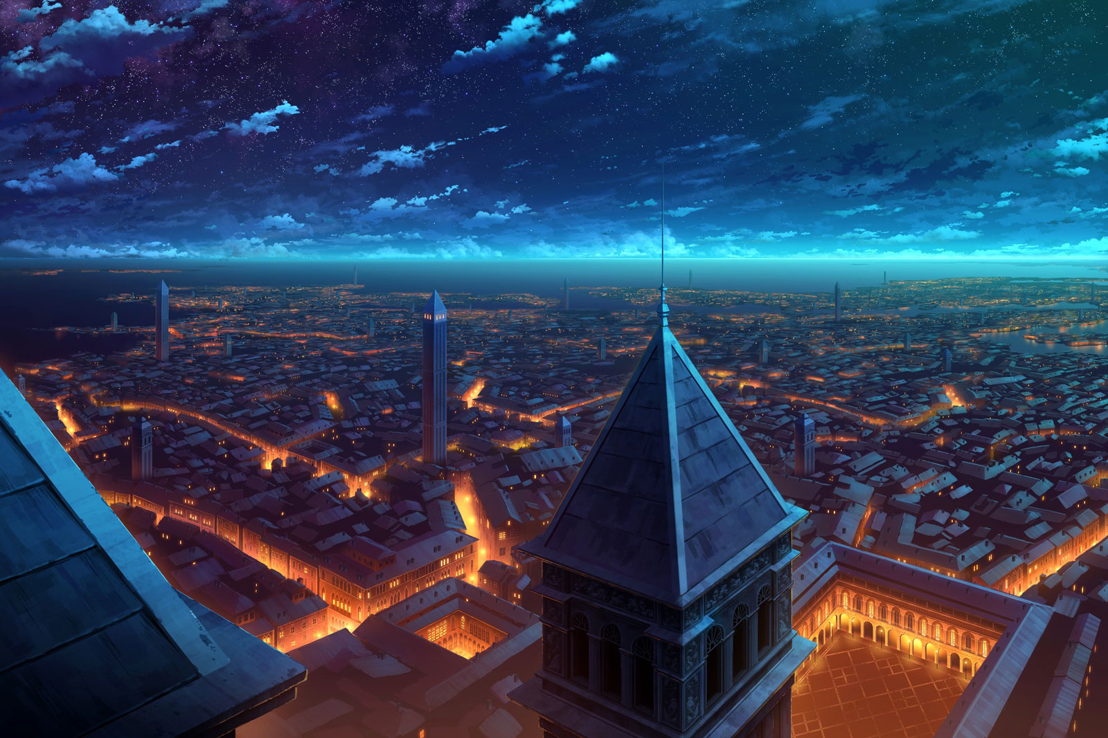 Anime city at night with starry sky HD Wallpaper