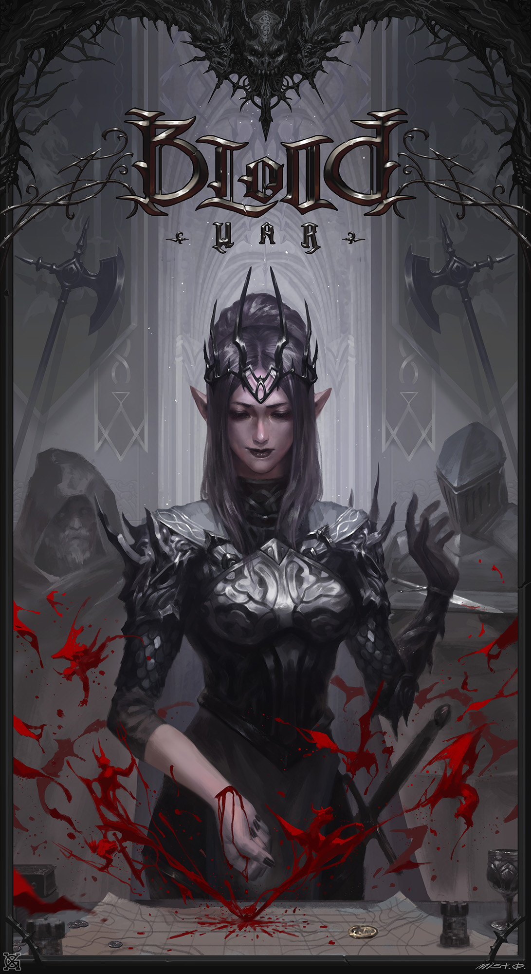 Elf queen in armor with blood splatters HD Wallpaper