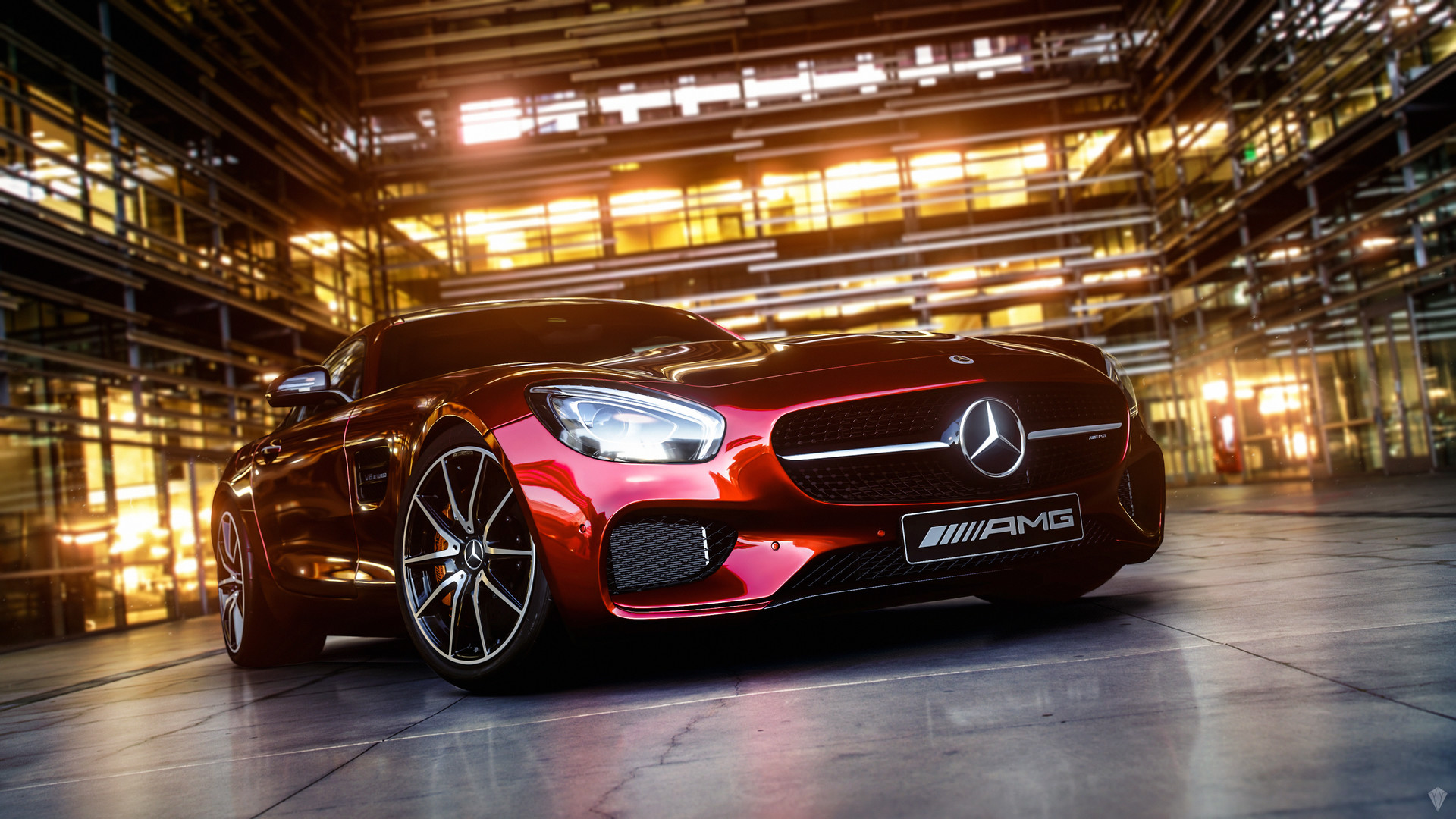 Red Mercedes-AMG GT S Coupe in Modern Building HD Wallpaper