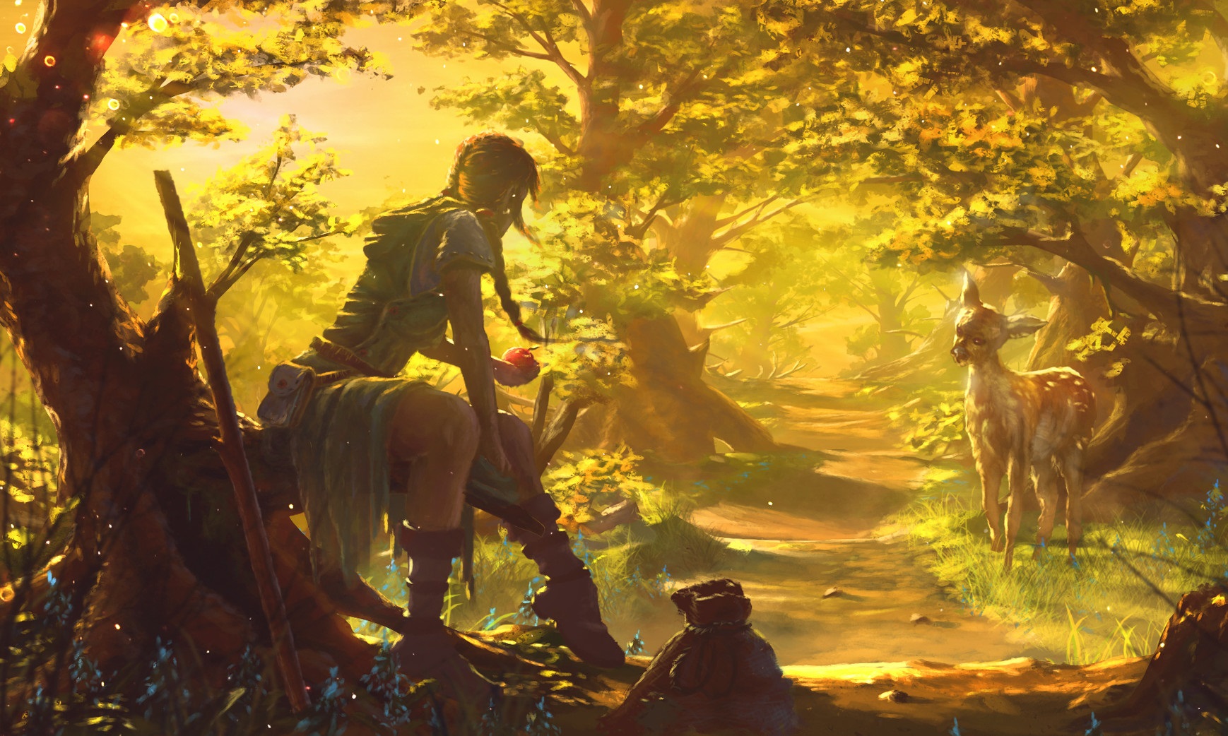 Woman and deer in a sunlit forest HD Wallpaper