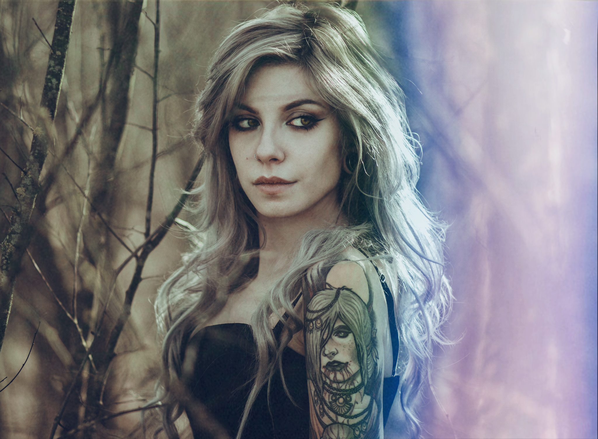 Woman with tattoo in forest HD Wallpaper