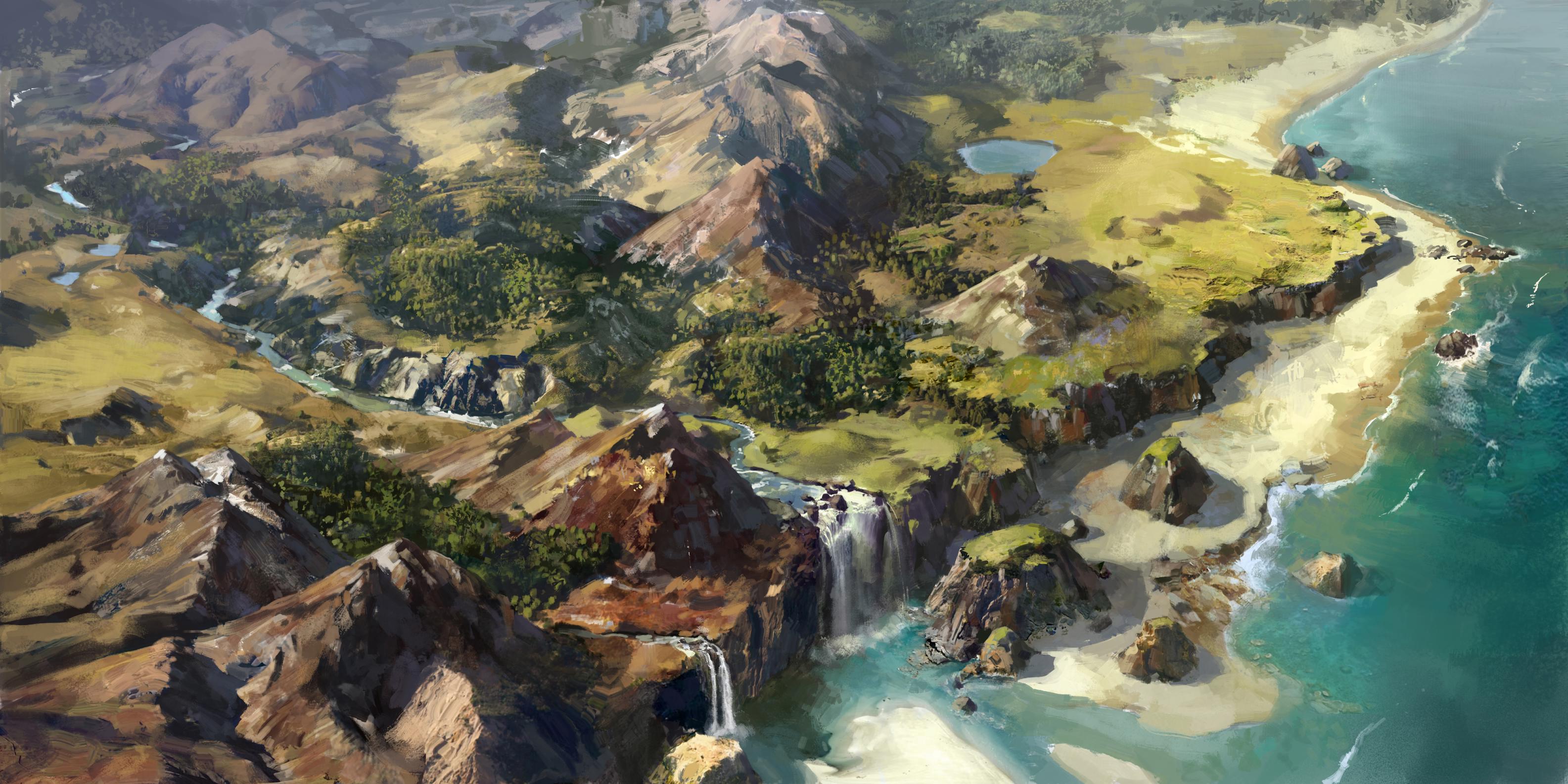 Aerial view of a fantasy landscape with mountains and coast HD Wallpaper