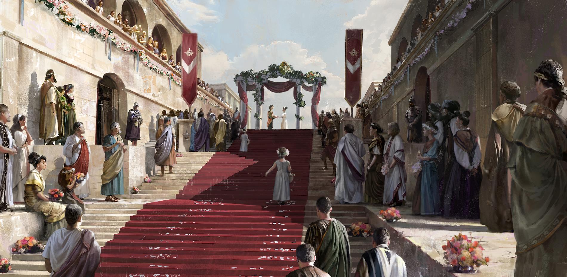 Artwork of a Roman wedding ceremony on stairs HD Wallpaper