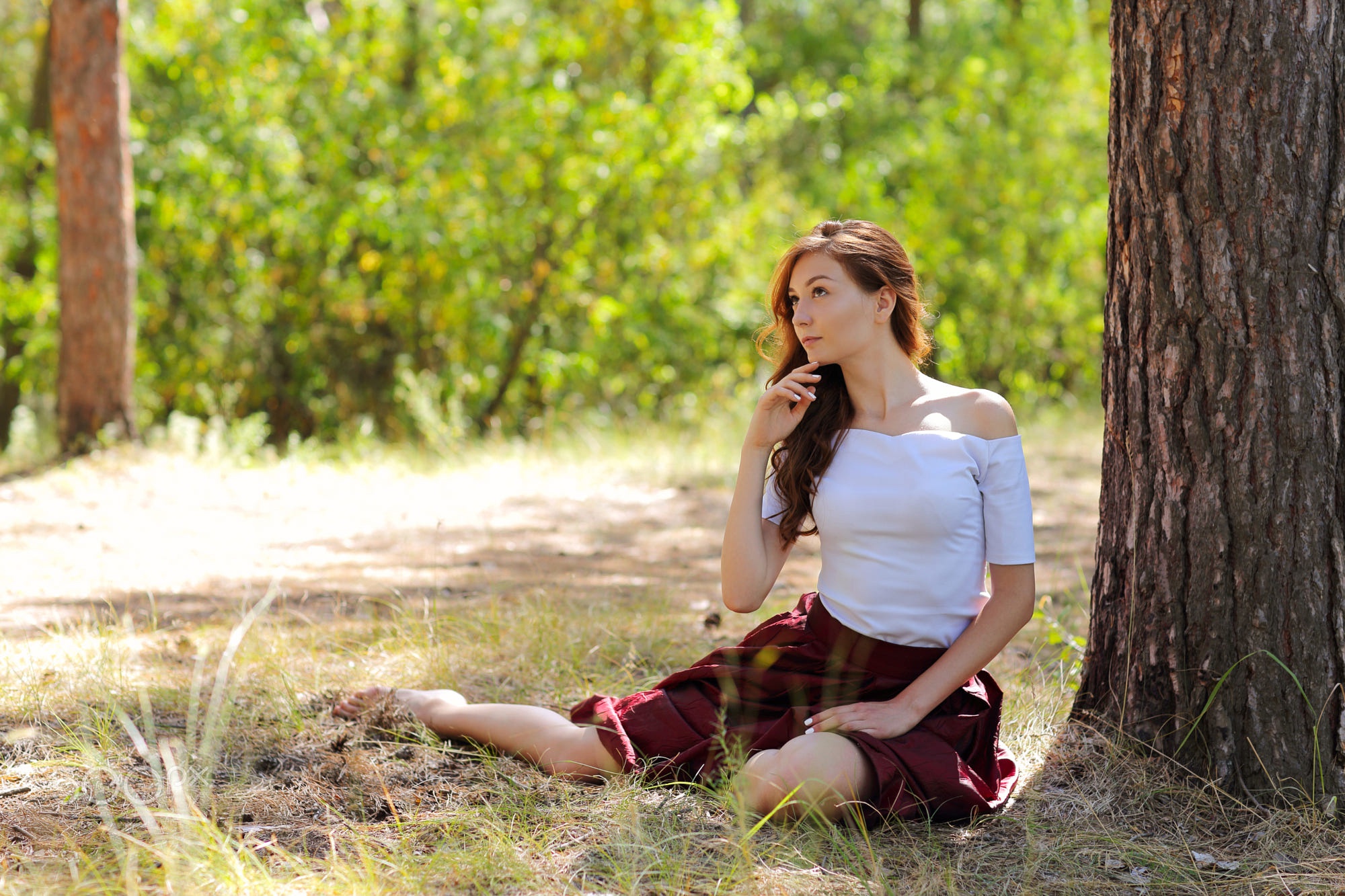 Woman with long hair sitting in a forest HD Wallpaper