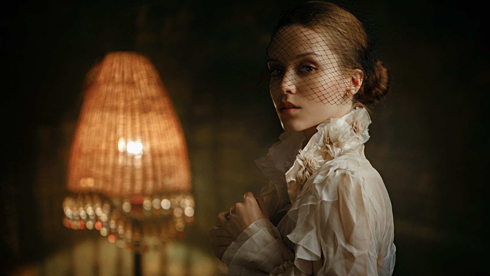 Woman in veil and ruffled shirt near lamp HD Wallpaper
