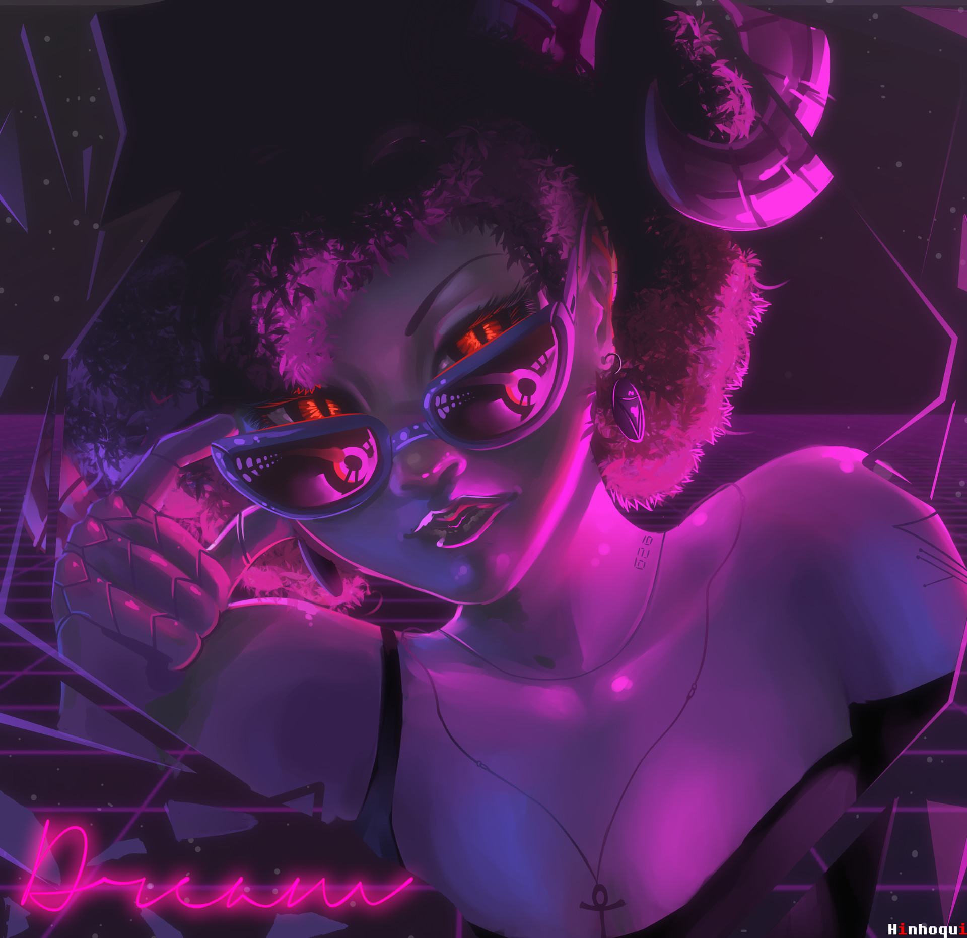 Woman with glasses in cyberpunk synthwave style HD Wallpaper