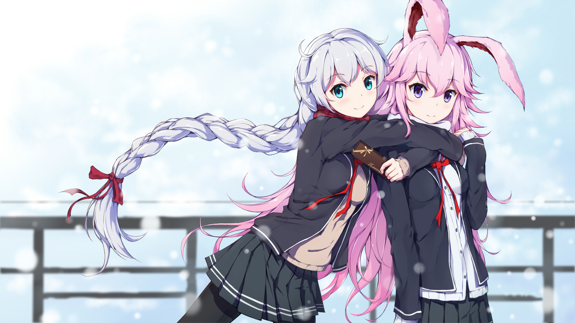 Two anime girls in school uniforms in the snow HD Wallpaper