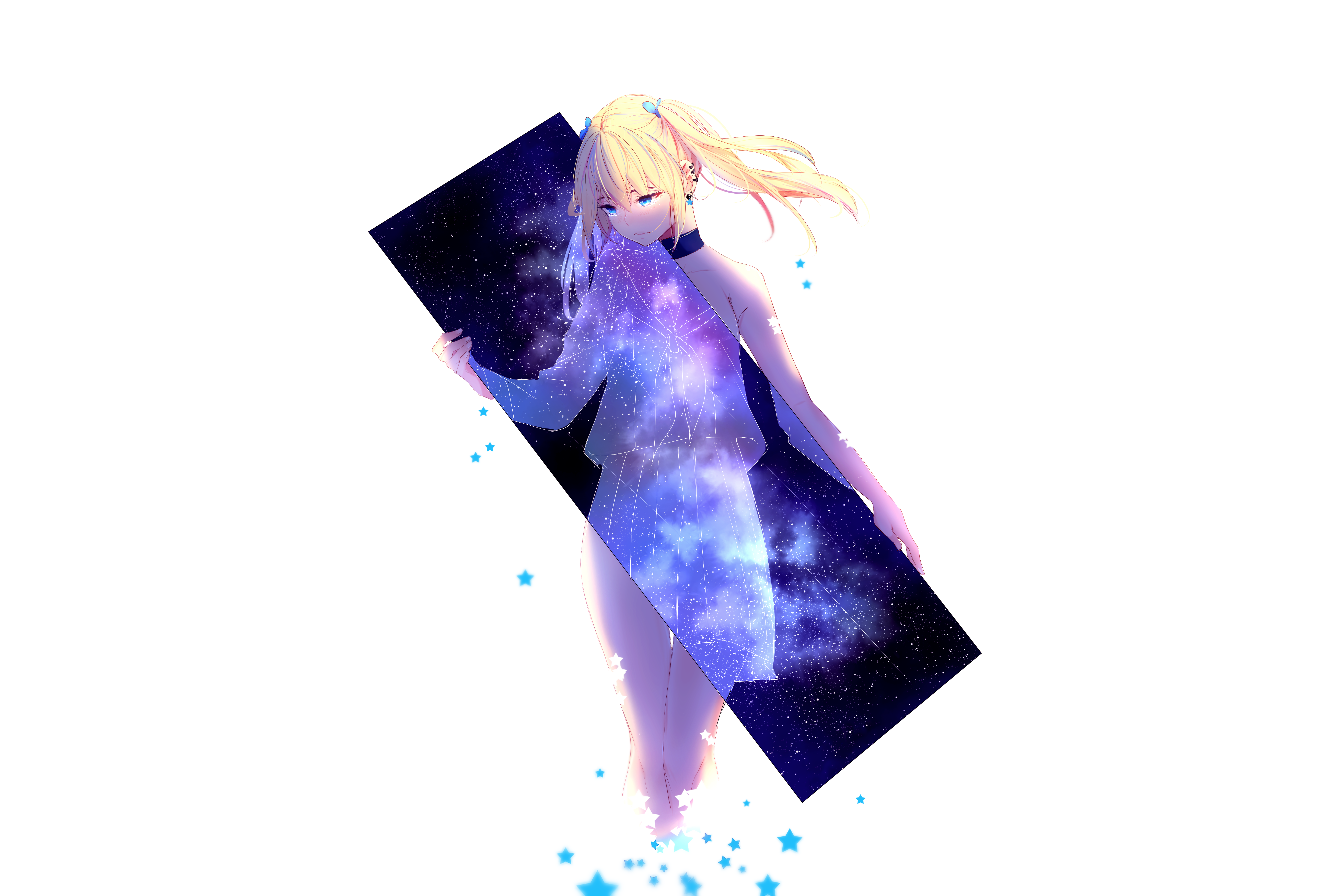 Anime girl with blonde hair holding a galaxy frame HD Wallpaper