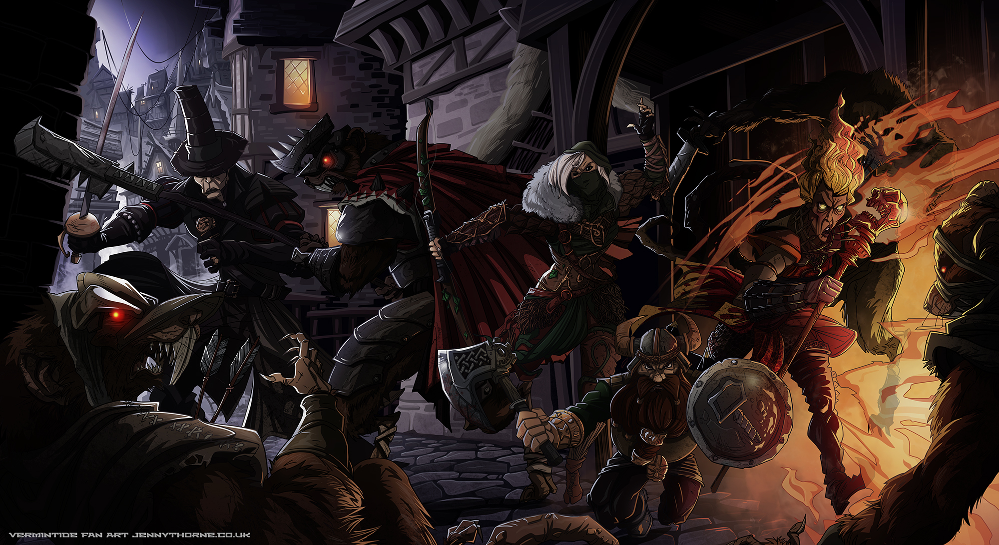 Warhammer: Vermintide 2 characters in a street battle HD Wallpaper