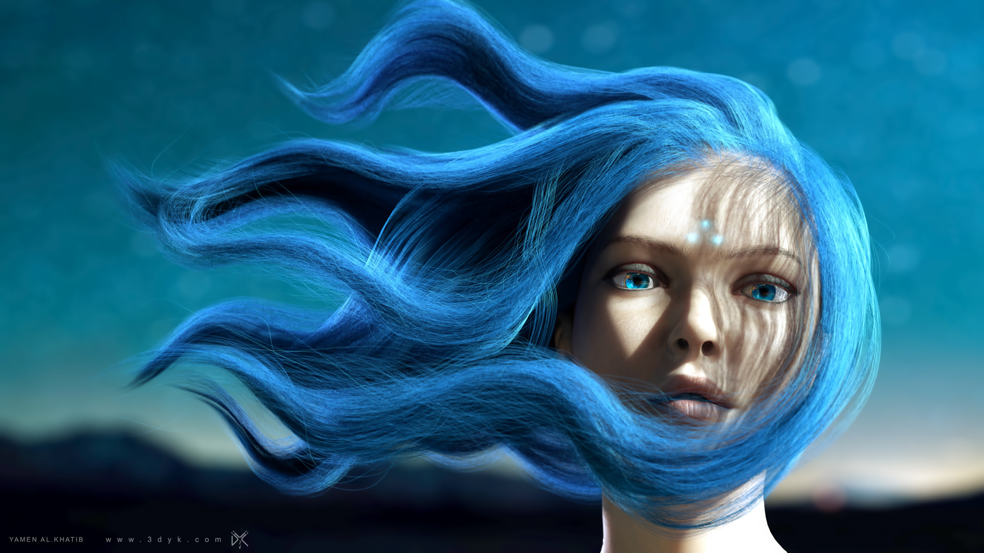 Woman with flowing blue hair against a starry sky HD Wallpaper