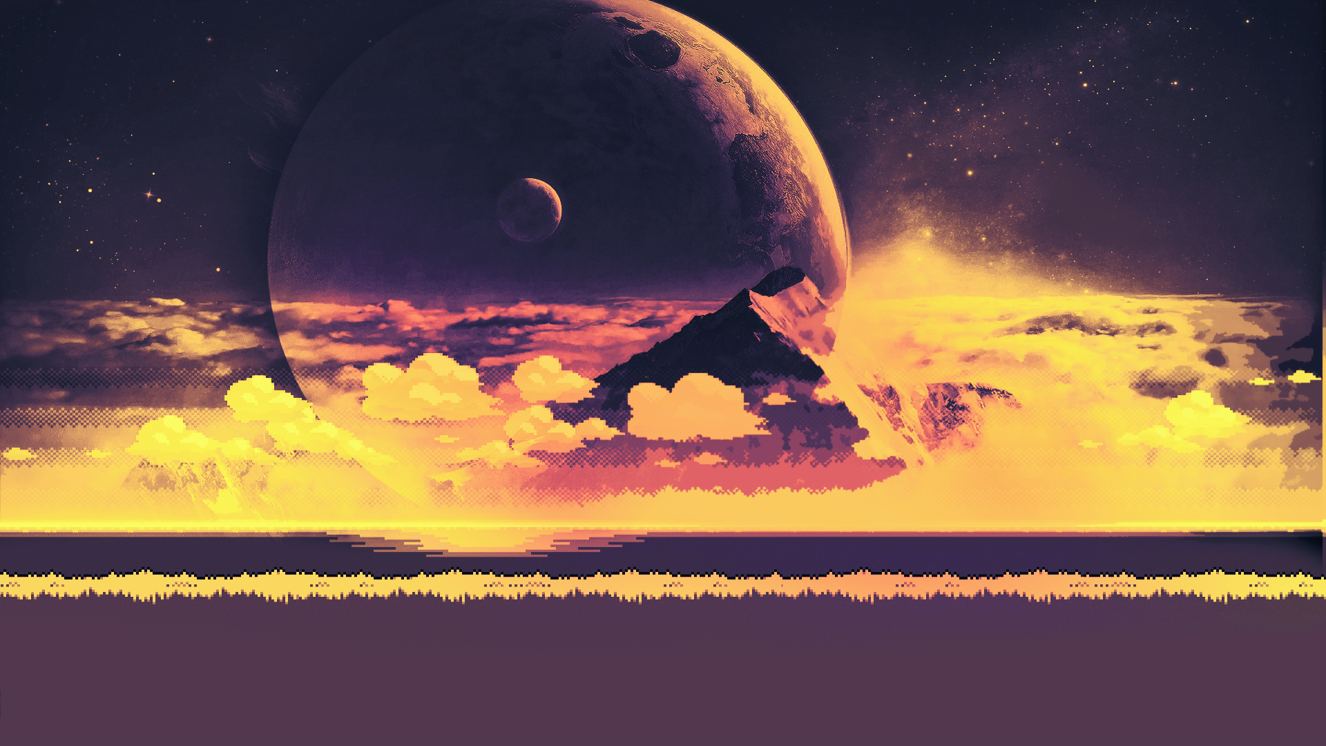 Pixelated alien landscape with planets and stars HD Wallpaper