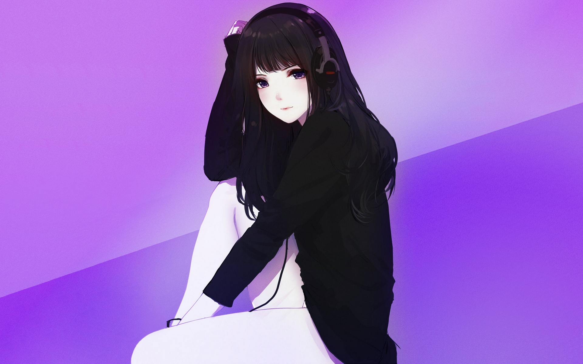 Anime girl with headphones sitting against purple background HD Wallpaper