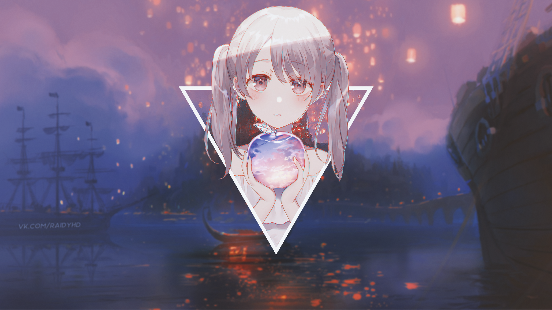 Anime girl holding an apple with ships and lanterns HD Wallpaper