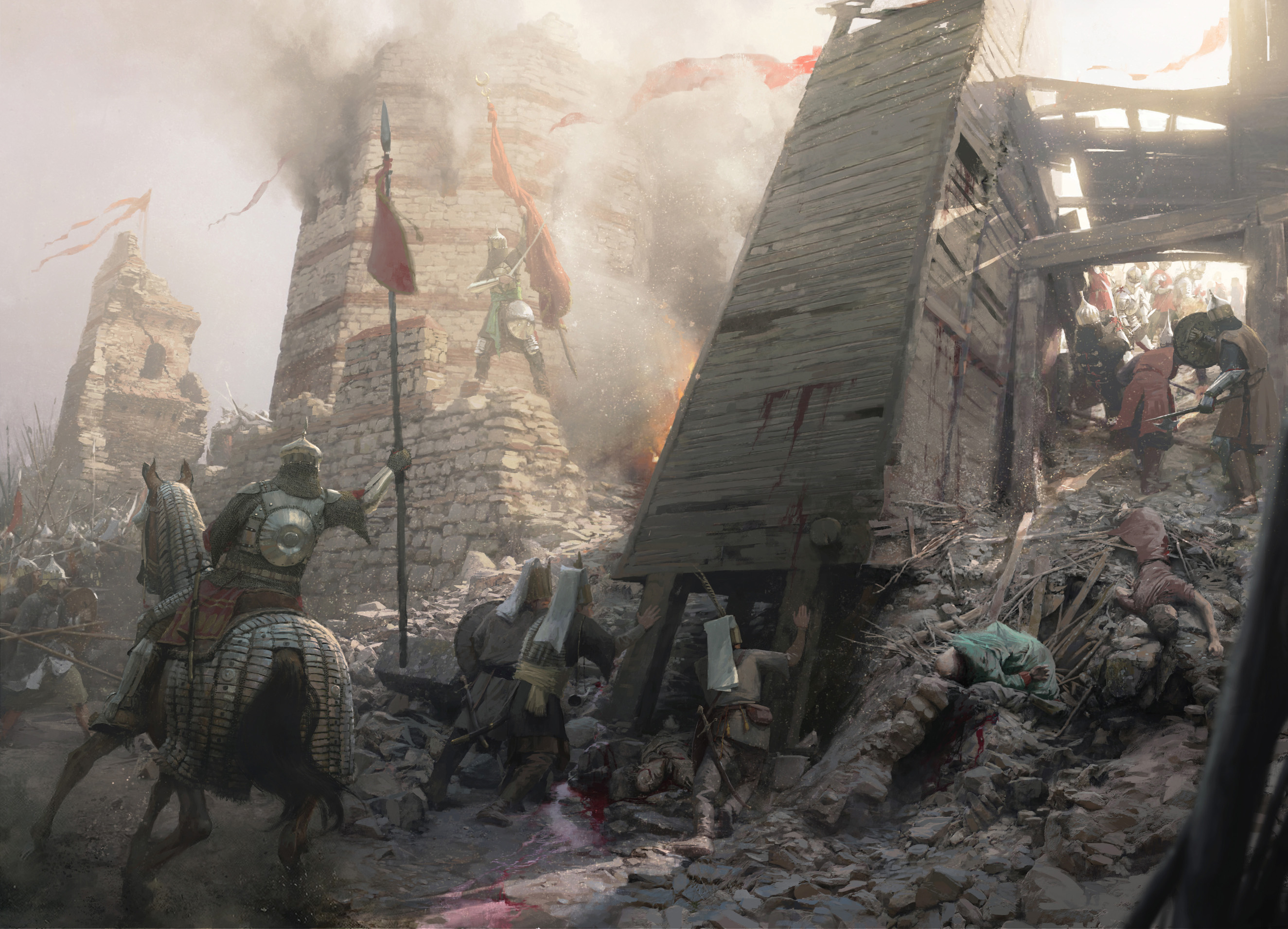 Battle scene with cavalry and soldiers attacking a stone tower HD Wallpaper