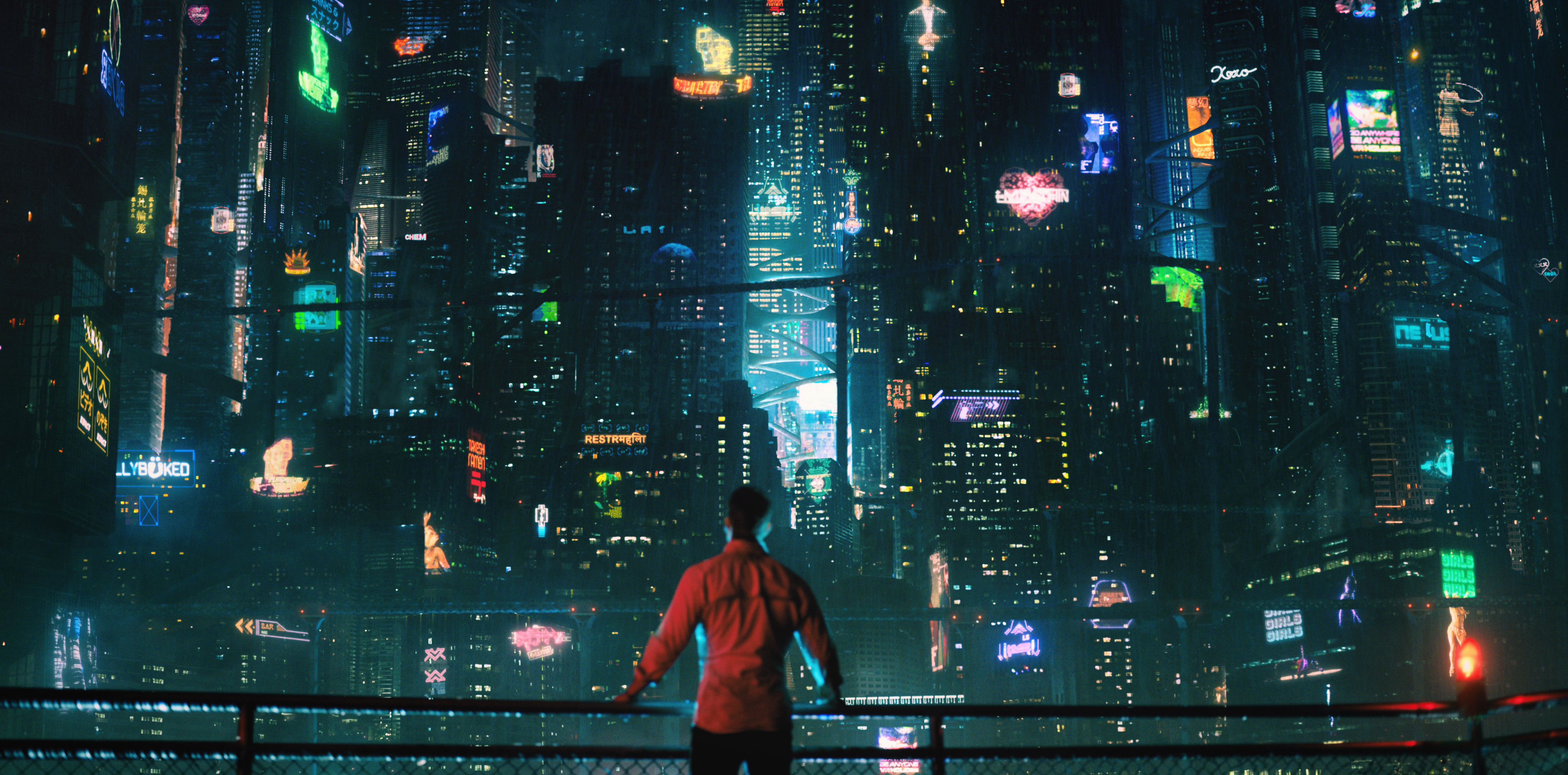 Man overlooking a futuristic cyberpunk city from Altered Carbon HD Wallpaper