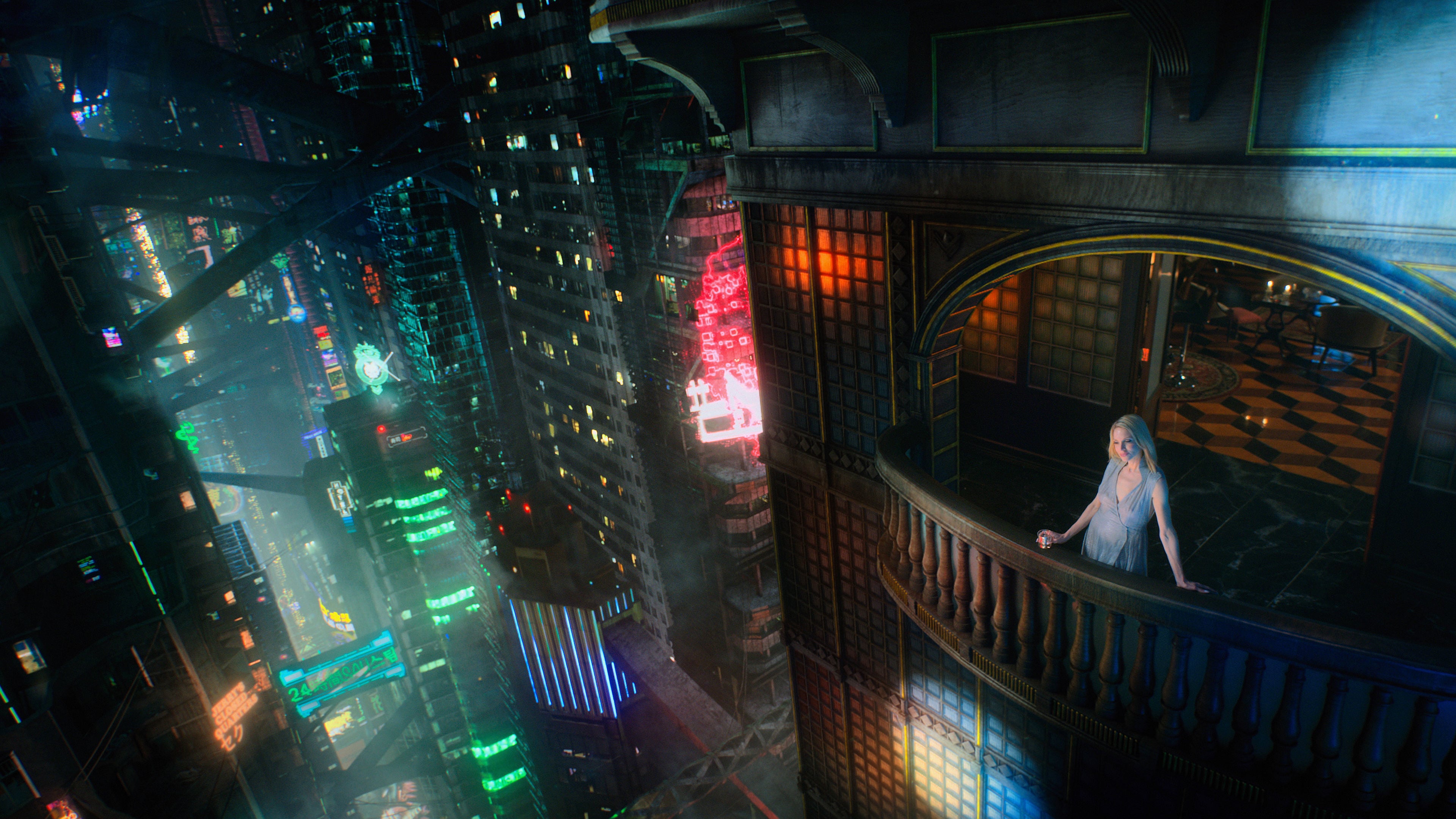 Woman on balcony overlooking cyberpunk city from Altered Carbon HD Wallpaper