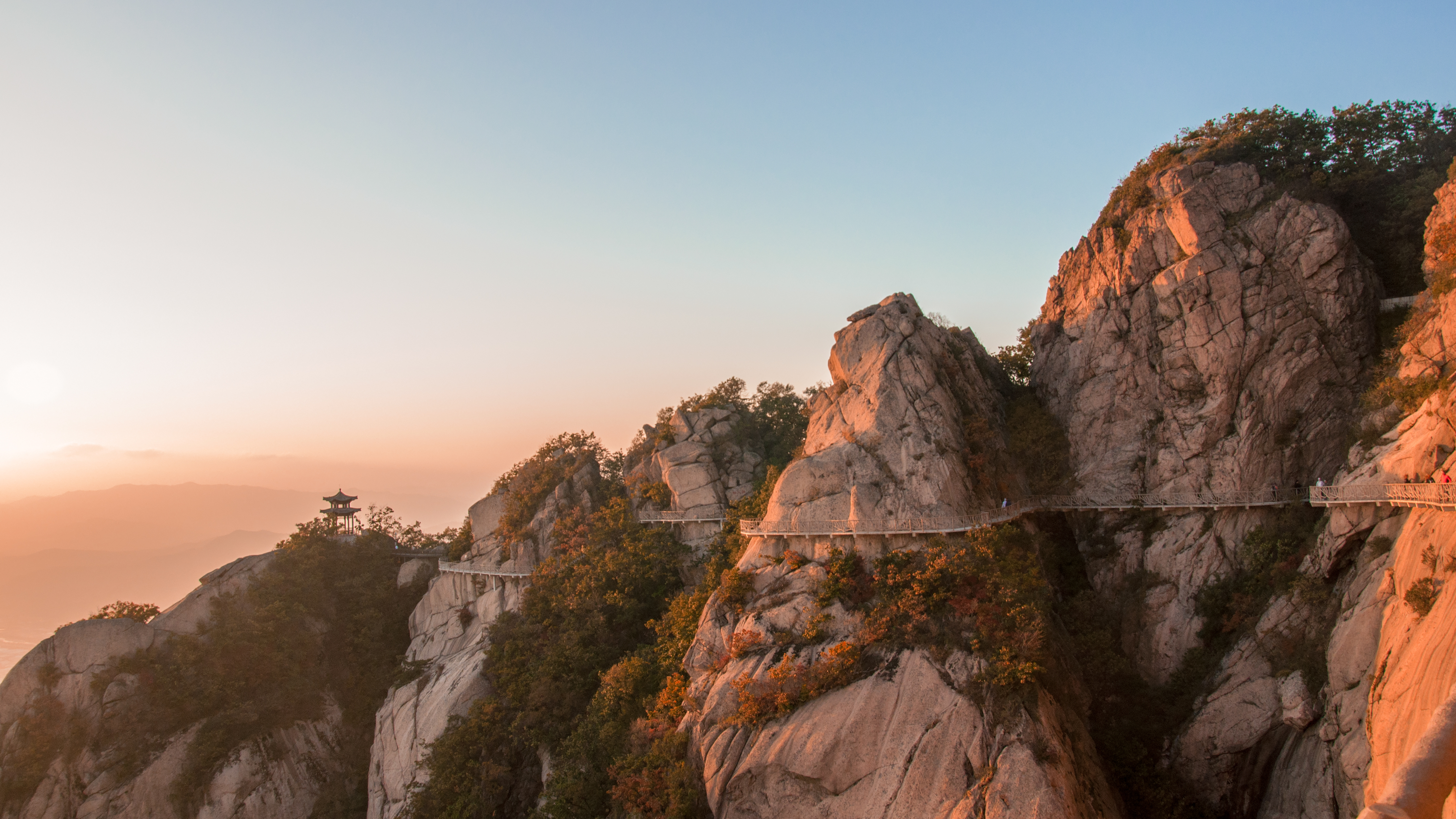 Mountain path with pavilion at sunrise HD Wallpaper