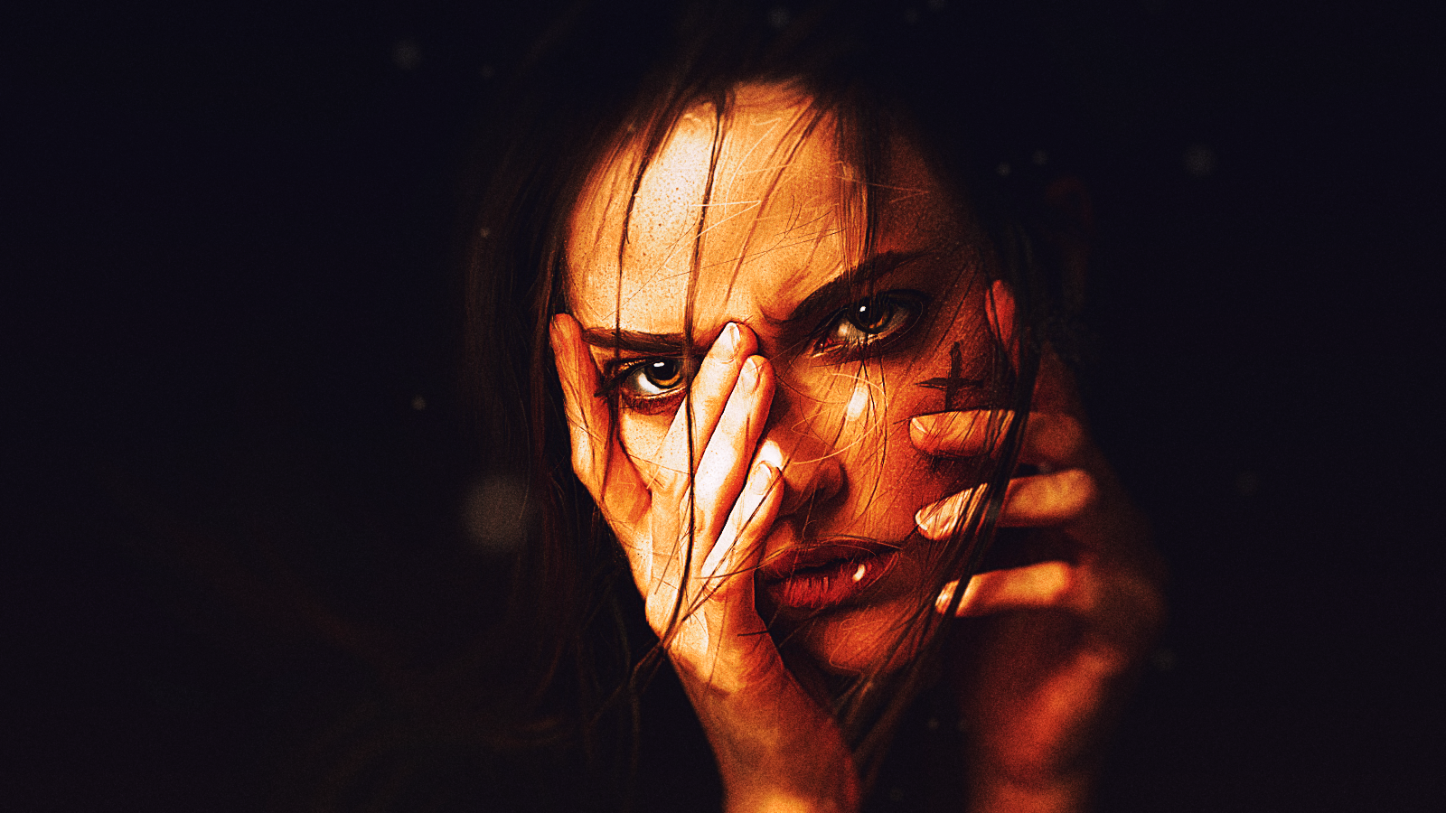 Digital art of a woman with hands covering her face HD Wallpaper