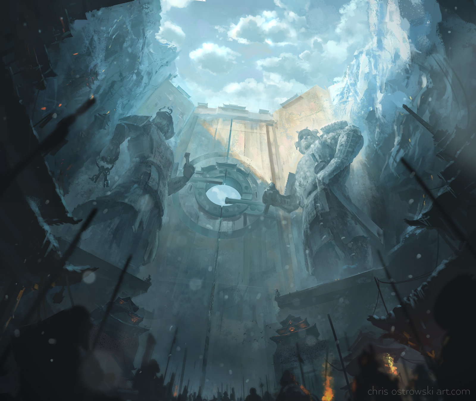 Giant warrior statues guard a circular gate in a war-torn city HD Wallpaper