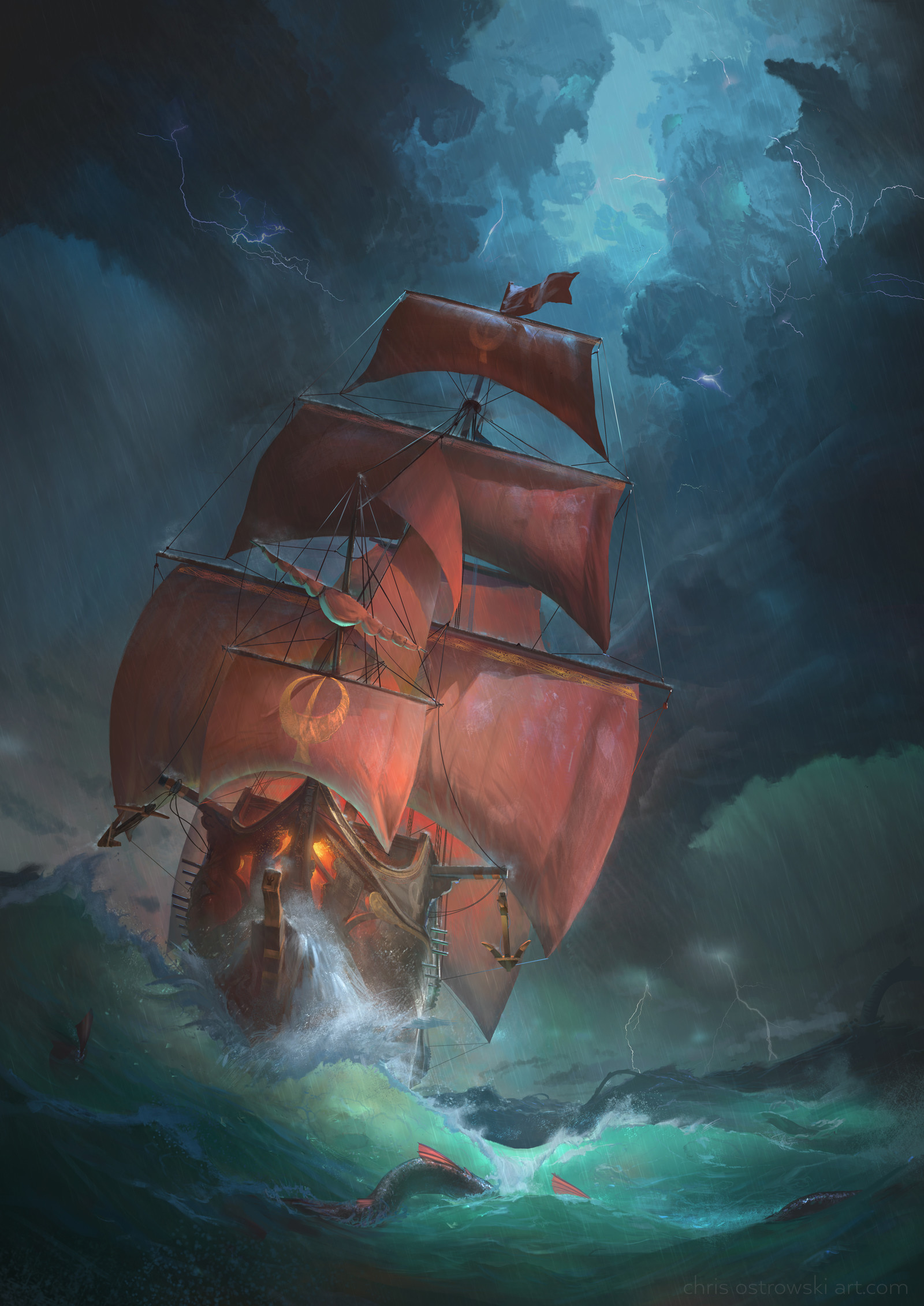 A ship with red sails in a stormy sea HD Wallpaper