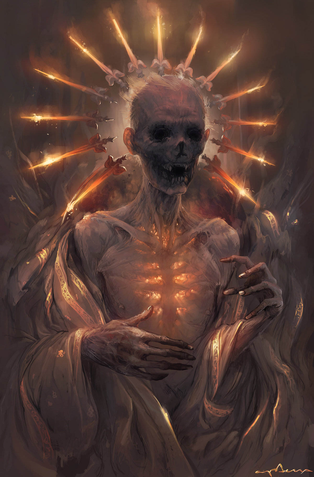 Skeleton with fiery halo and swords HD Wallpaper
