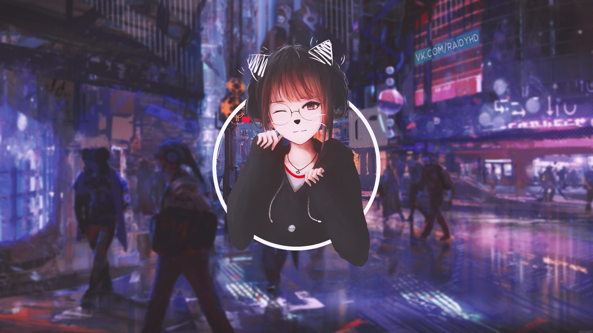 Anime girl with cat ears in a futuristic city HD Wallpaper