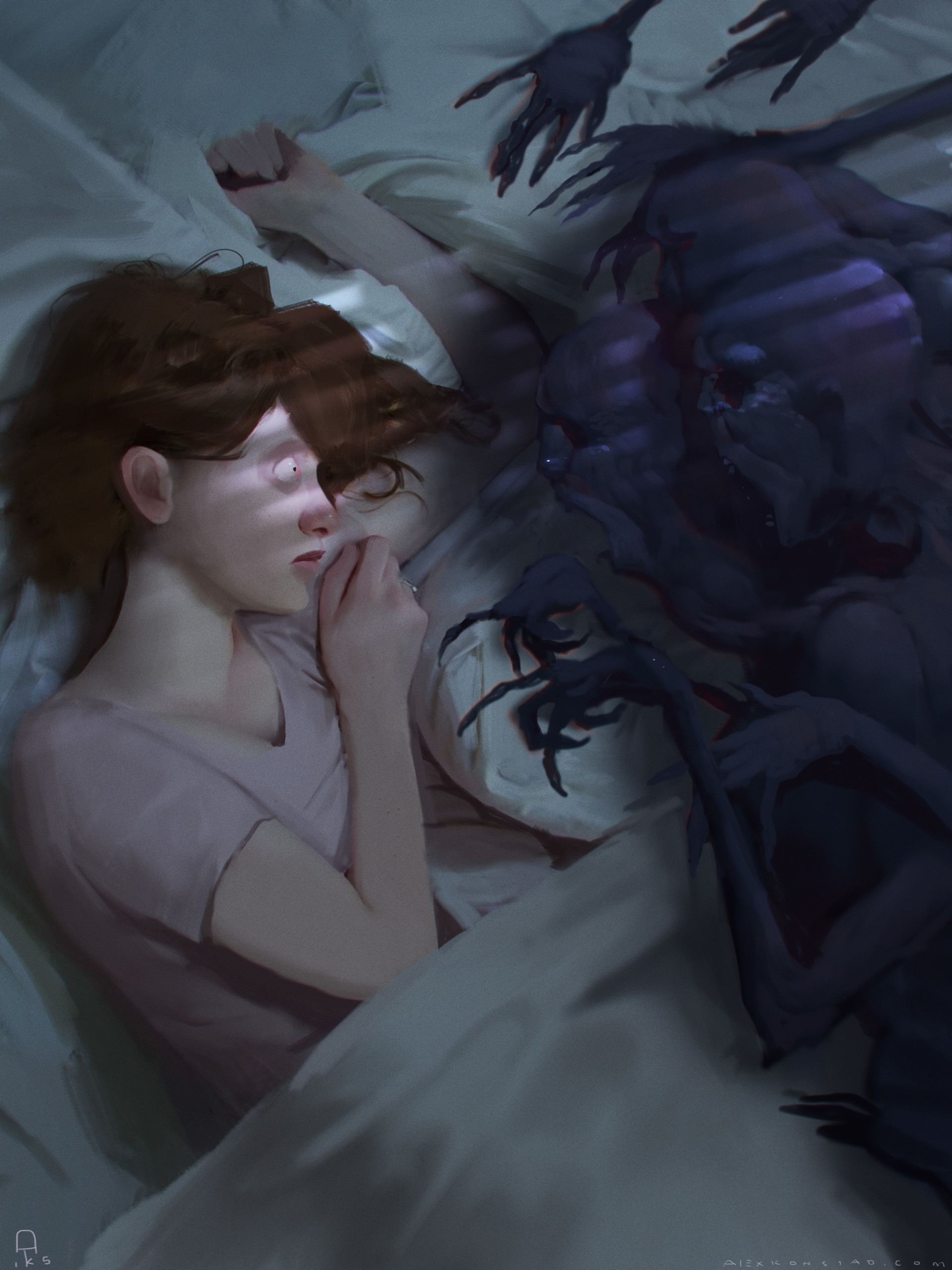 Woman in bed experiencing a nightmare with shadowy figures HD Wallpaper