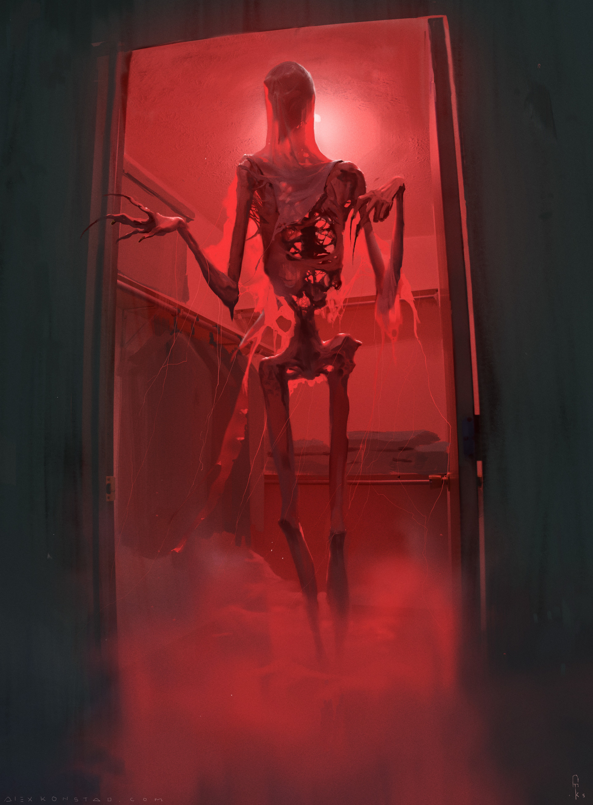 Nightmare creature in a red-lit room HD Wallpaper