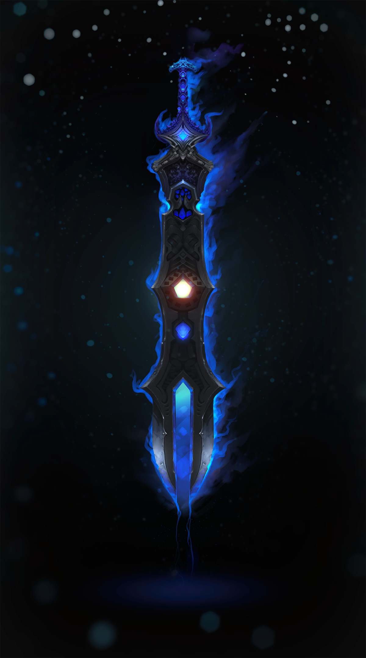 Artwork of a dark sword with blue flames HD Wallpaper