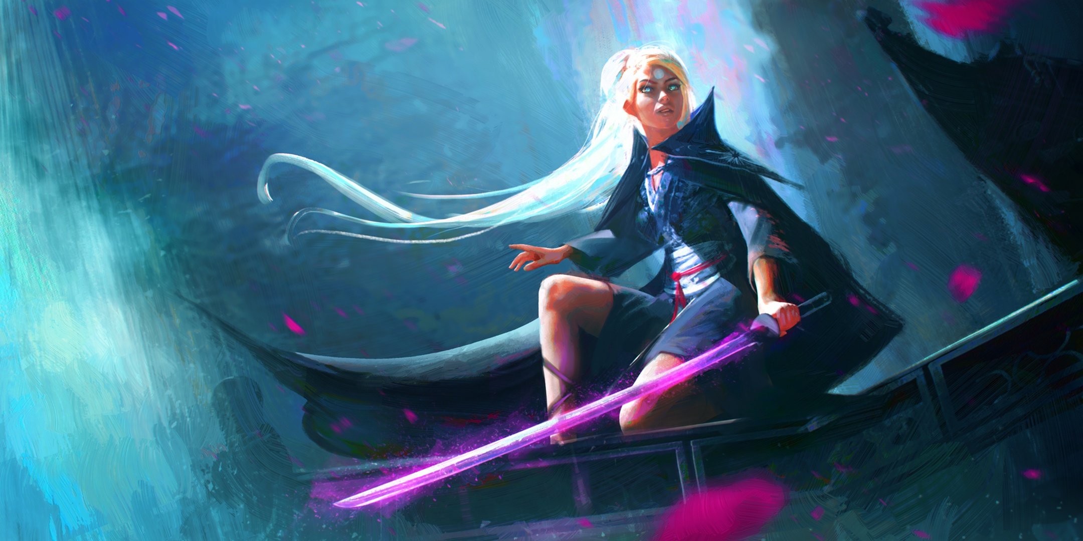 Woman with a glowing katana in a fantasy setting HD Wallpaper