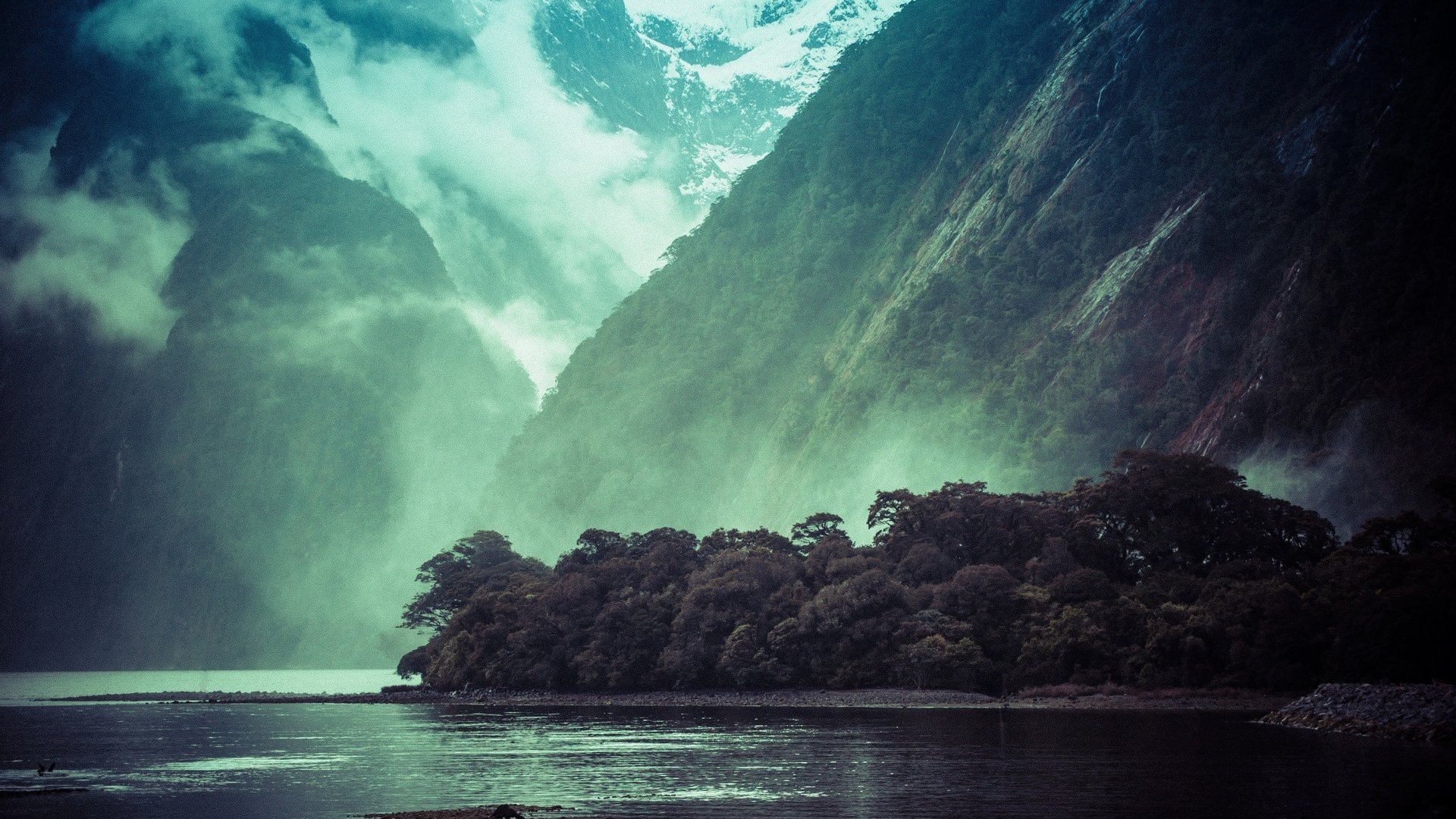 Misty mountains and forest by the water HD Wallpaper