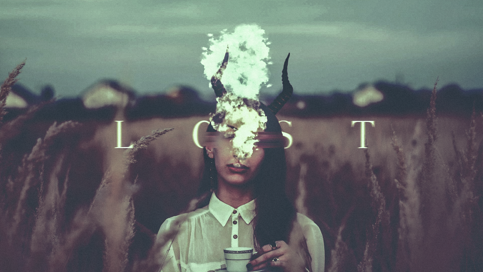 Woman with horns and fire in a field HD Wallpaper