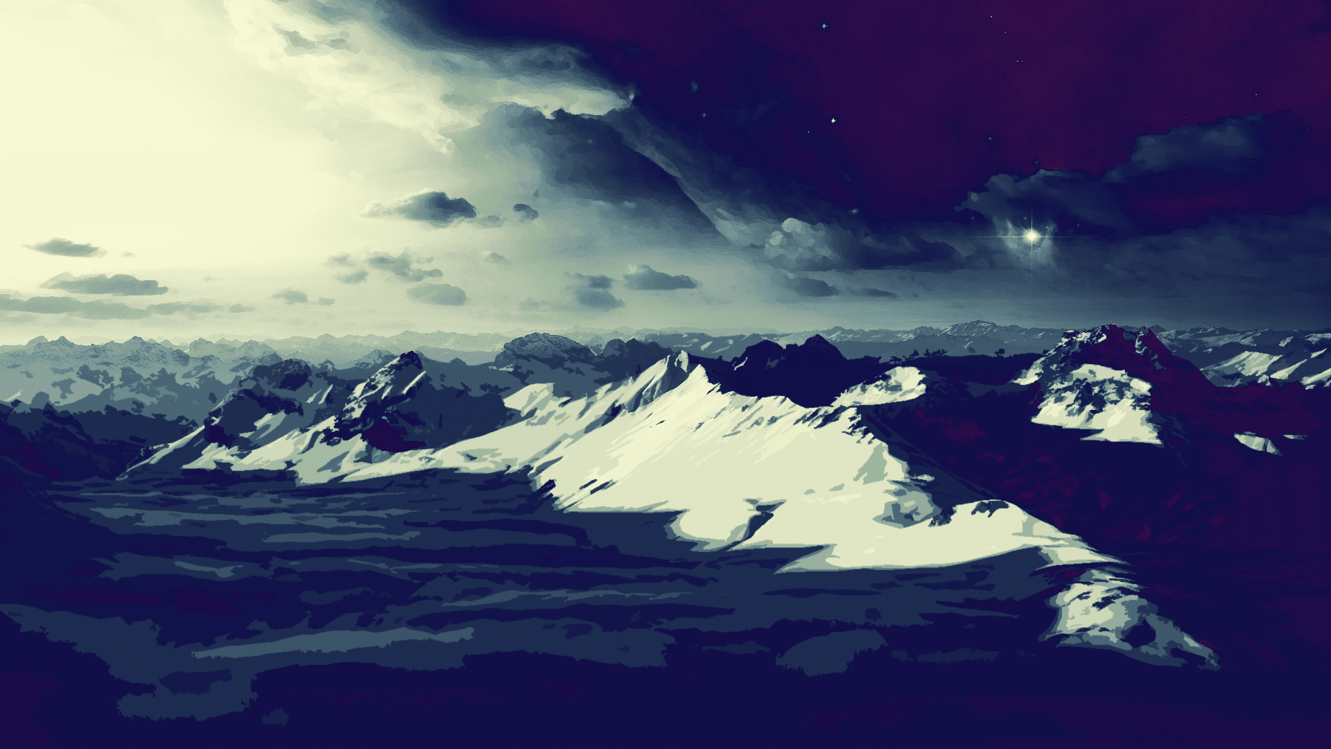 Snow-capped mountains under a dramatic sky HD Wallpaper