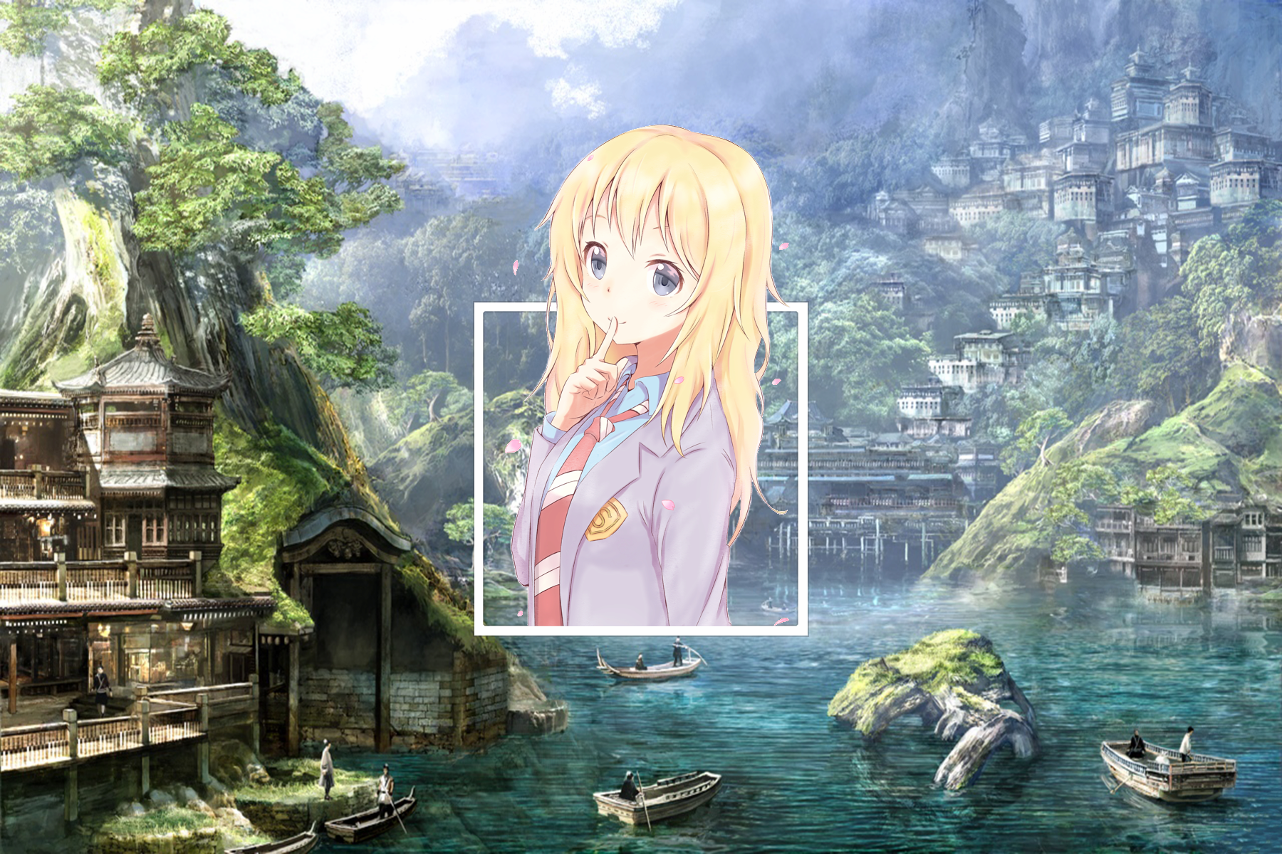 Anime girl in a frame over a fantasy landscape HD Wallpaper