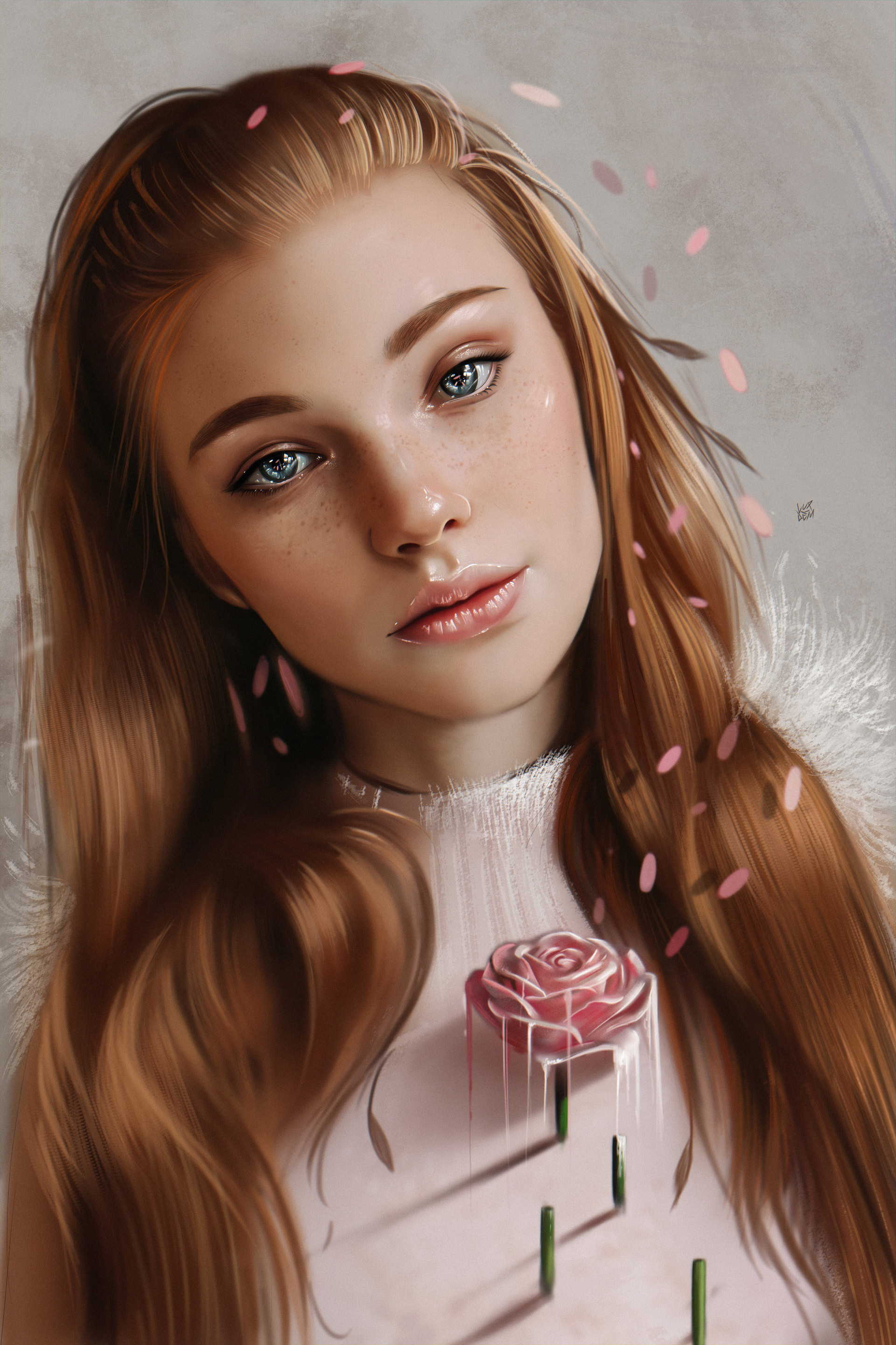Digital art portrait of a redhead woman with blue eyes HD Wallpaper