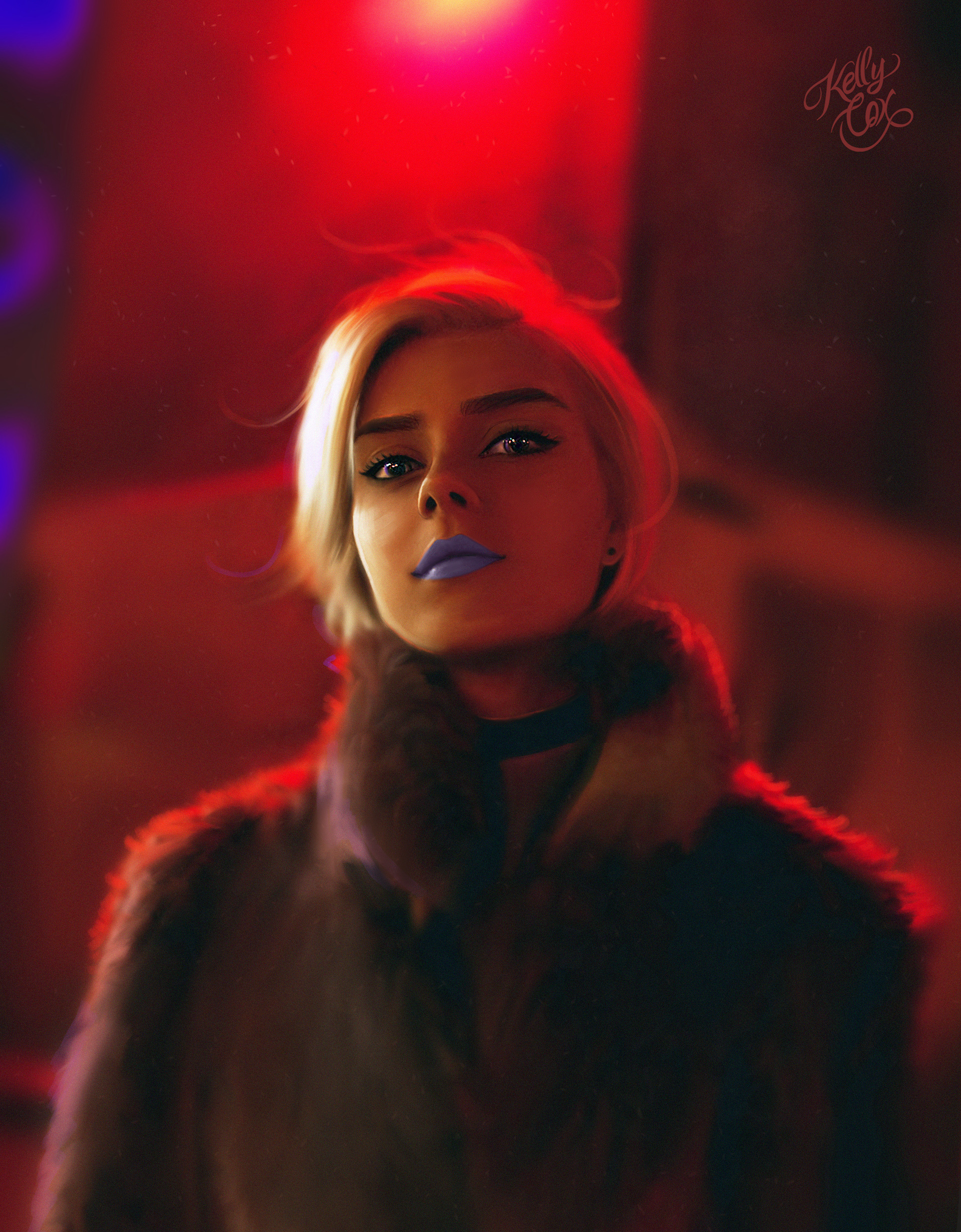 Woman with blonde hair and blue lipstick HD Wallpaper