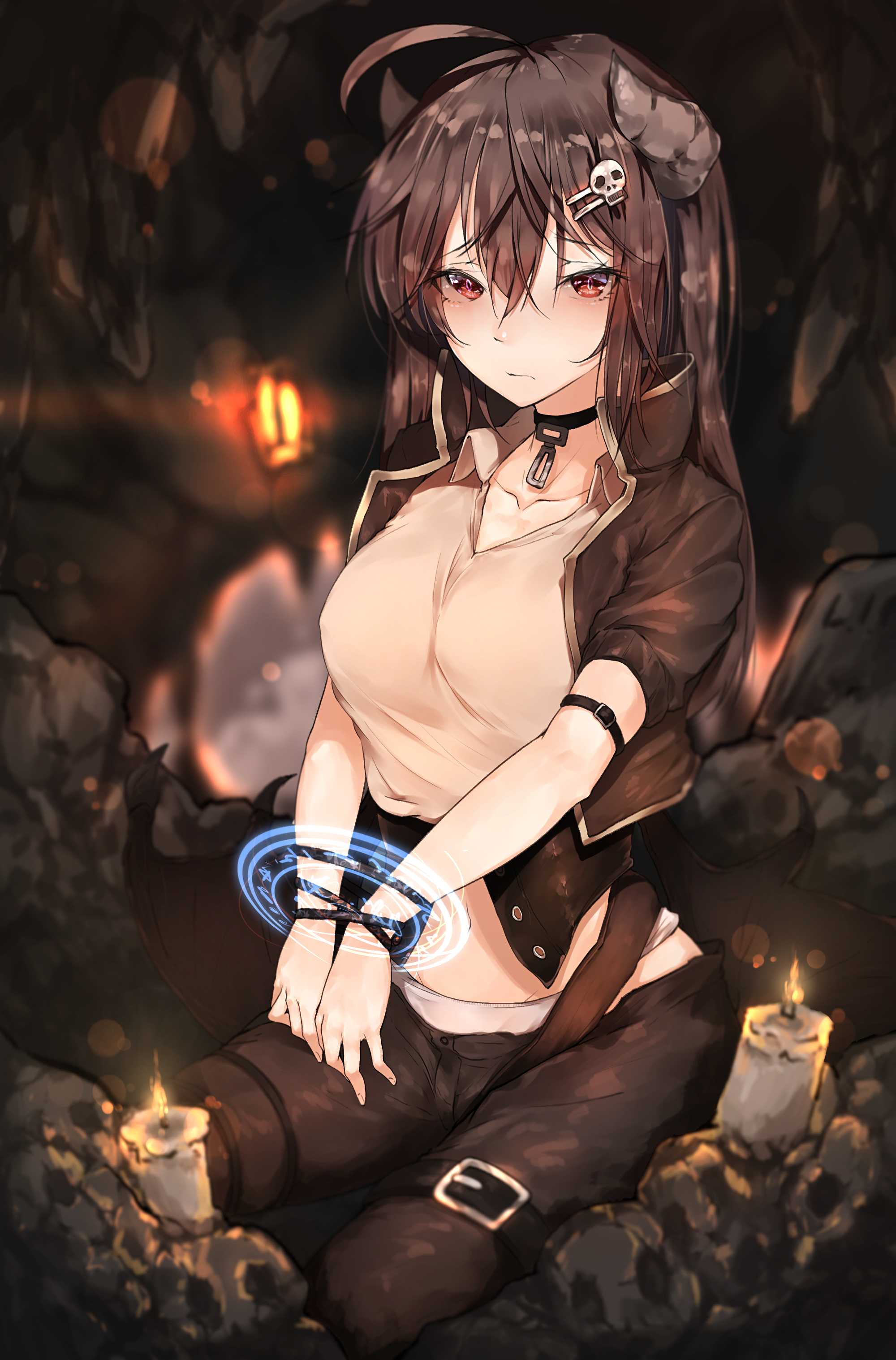 Anime girl with horns and necklace in dark cave HD Wallpaper