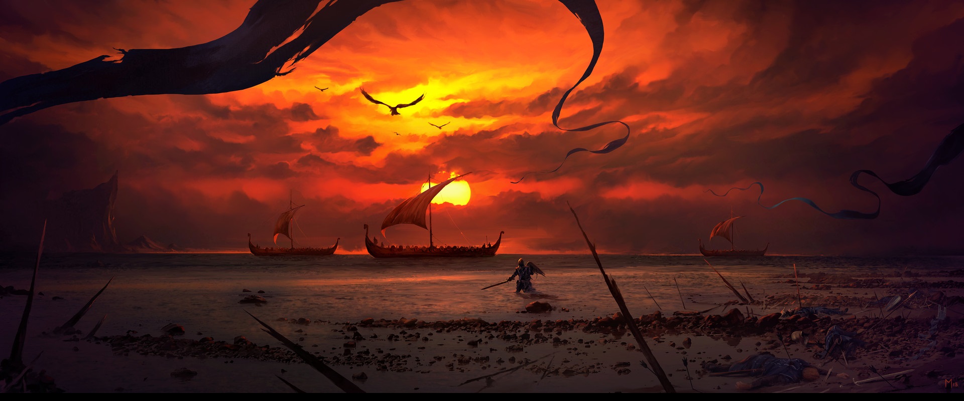 Viking ships at sunset battlefield by Dominik Mayer HD Wallpaper