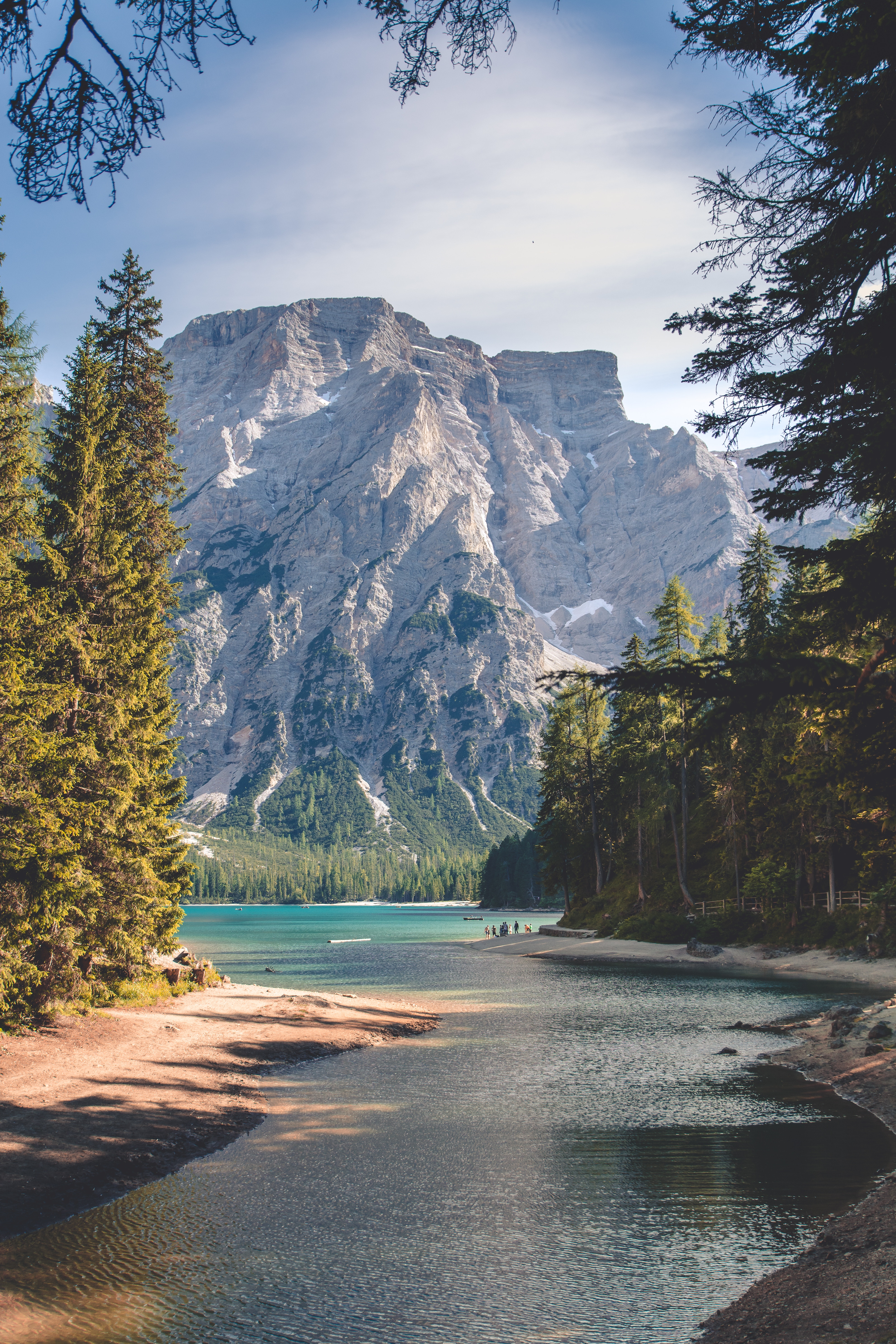 Mountain lake with pine trees and rocky peaks HD Wallpaper