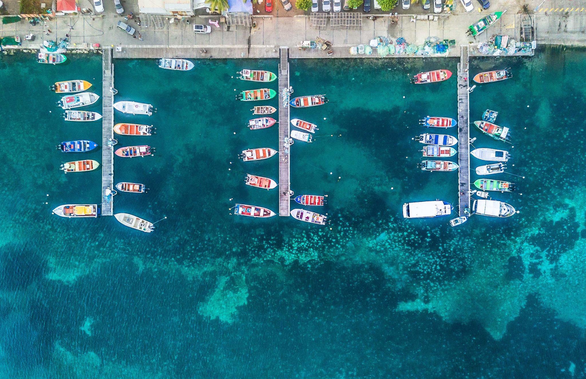 Aerial view of boats docked in Guadeloupe Island HD Wallpaper
