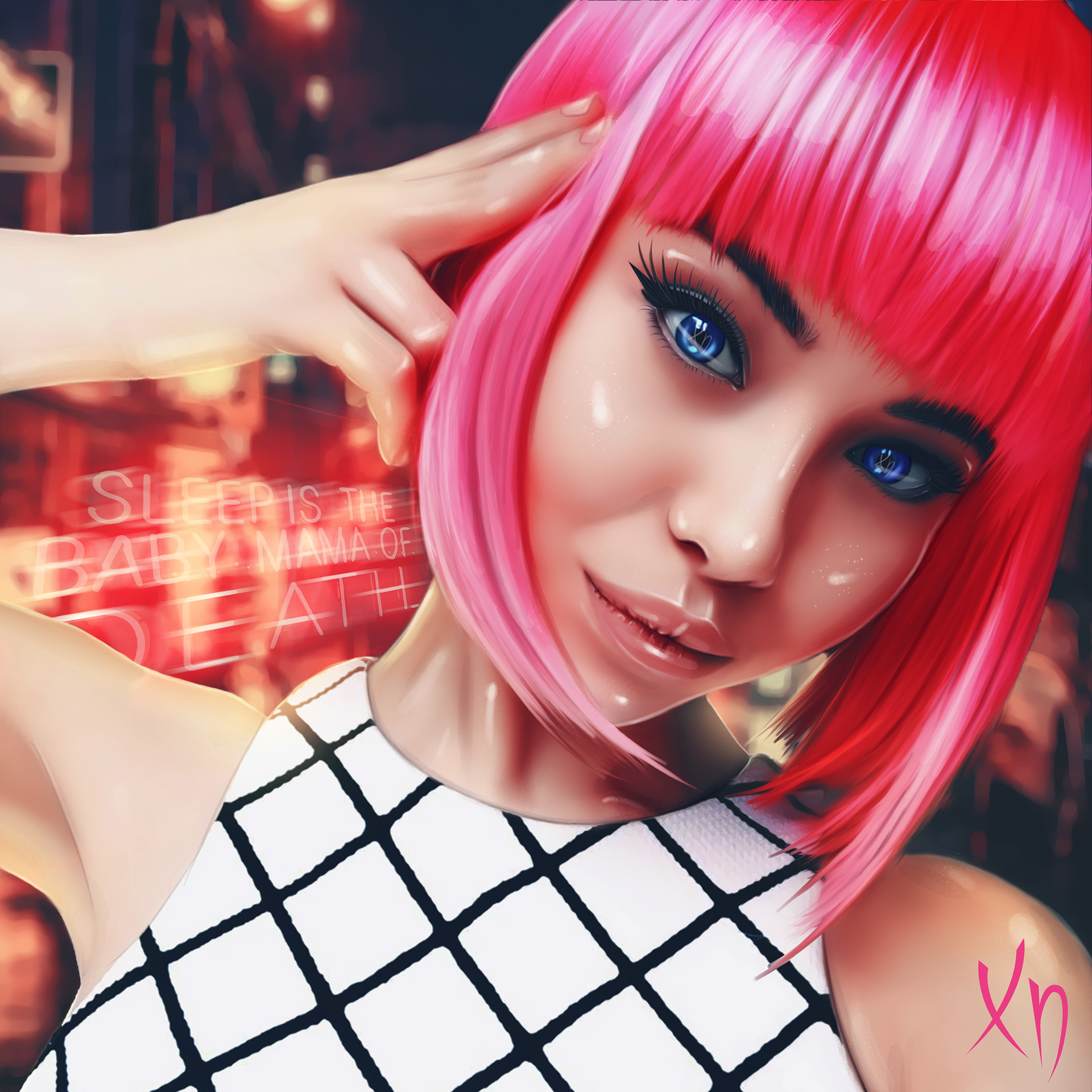 Woman with pink hair and blue eyes, digital art HD Wallpaper