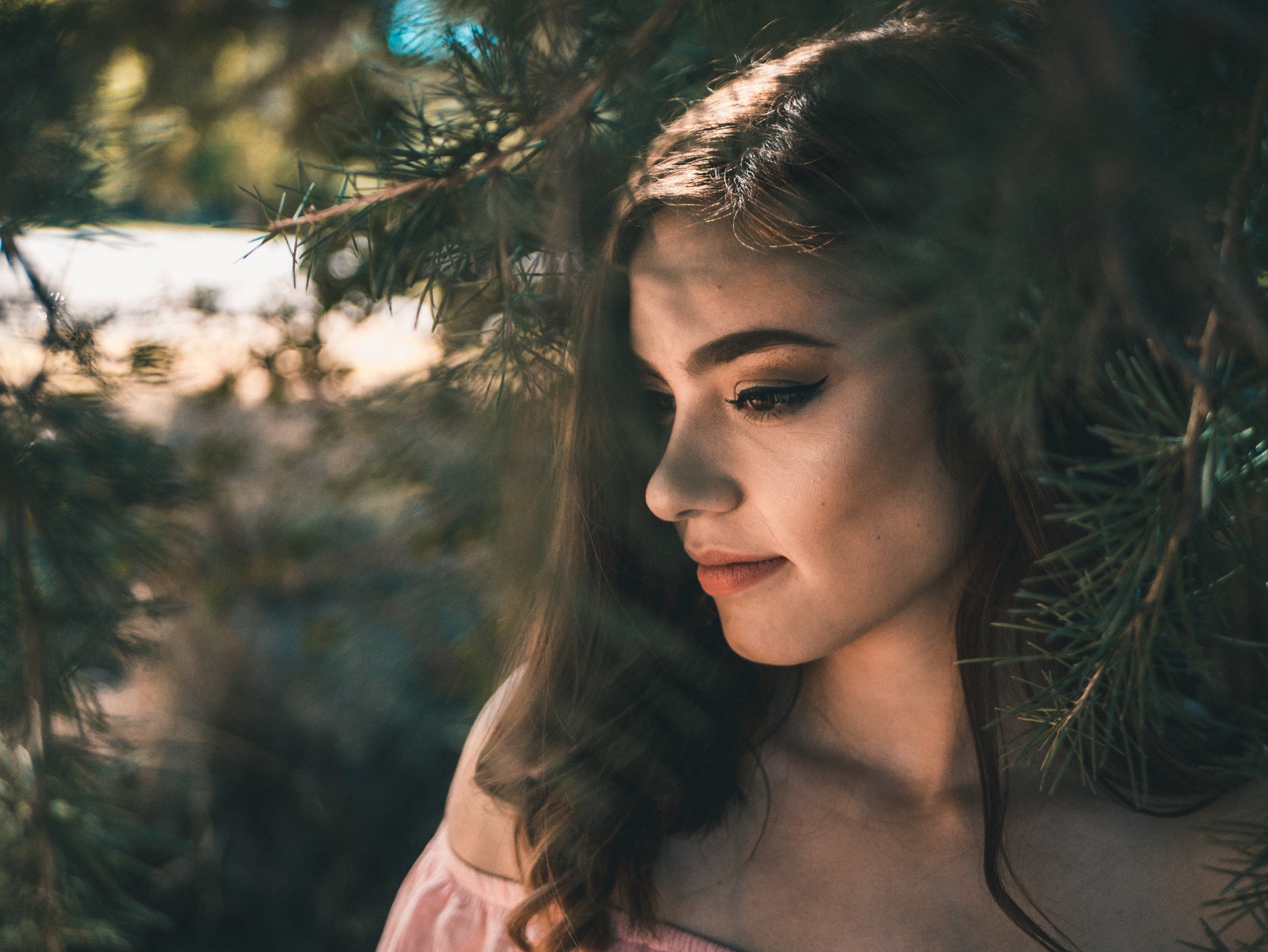 Woman with brown eyes behind pine tree branches HD Wallpaper